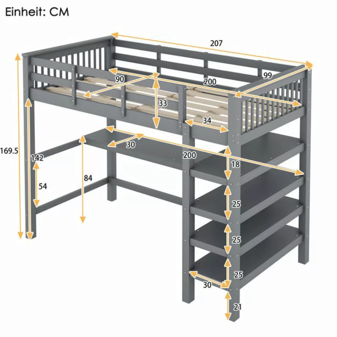 Merax Hochbett mit Schreibtisch und Bücherregal Etagenbett 90x200 cm mit Tr günstig online kaufen