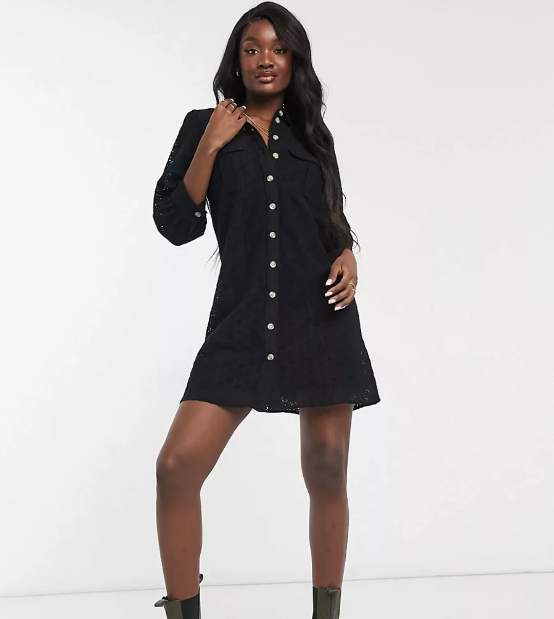 Vero Moda Tall – Mini-Hemdkleid mit Spitze und Puffärmeln in Schwarz günstig online kaufen