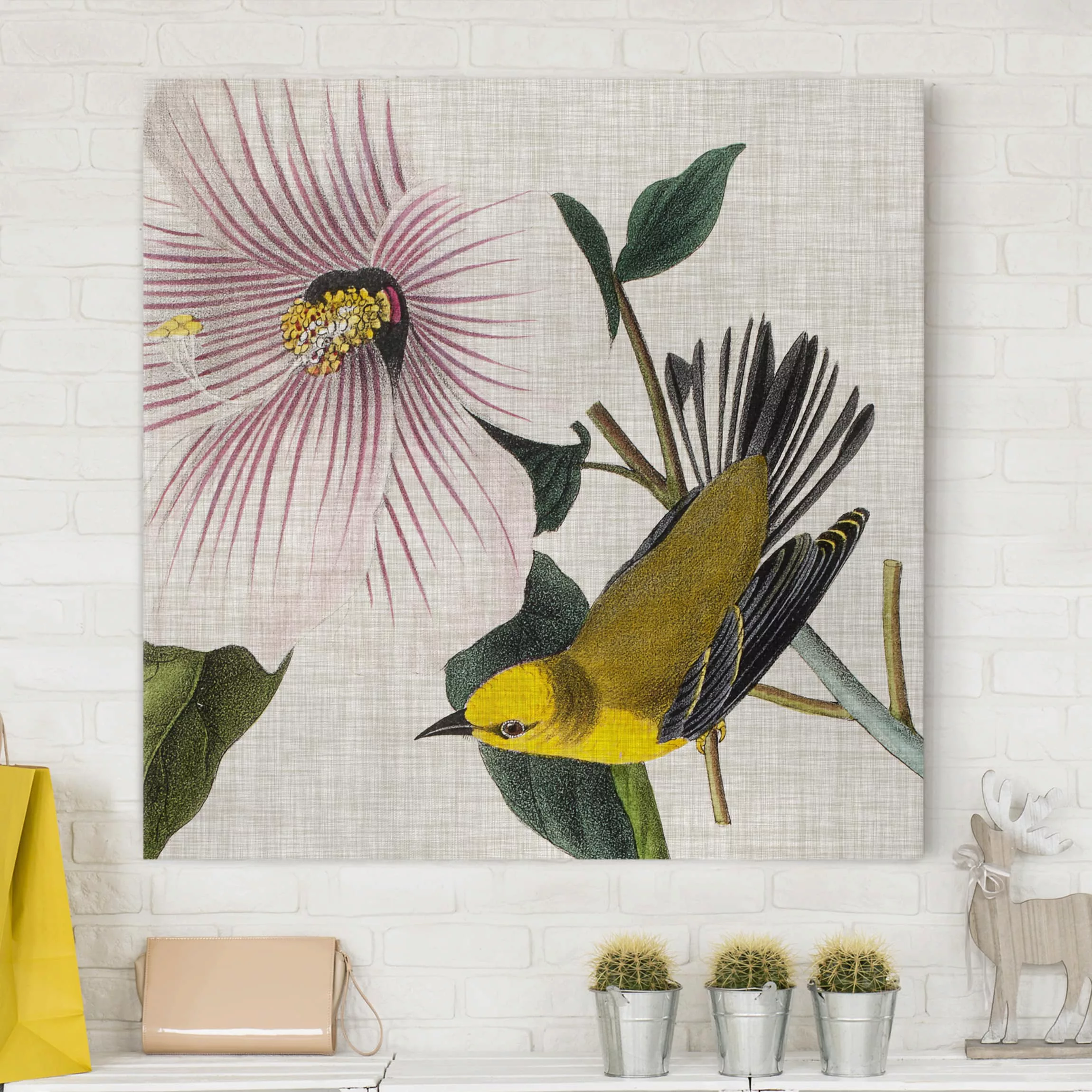 Leinwandbild Blumen - Quadrat Vogel auf Leinen Gelb I günstig online kaufen