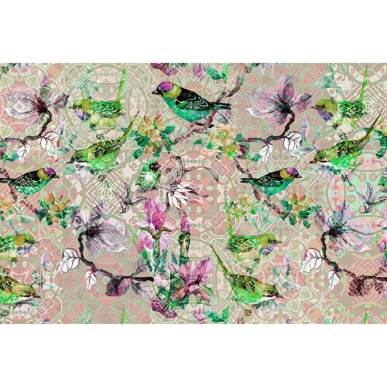 Fototapete Blumen Vögel Mosaik Grafik Bunt Grün Rosa 4,00 m x 2,70 m FSC® günstig online kaufen