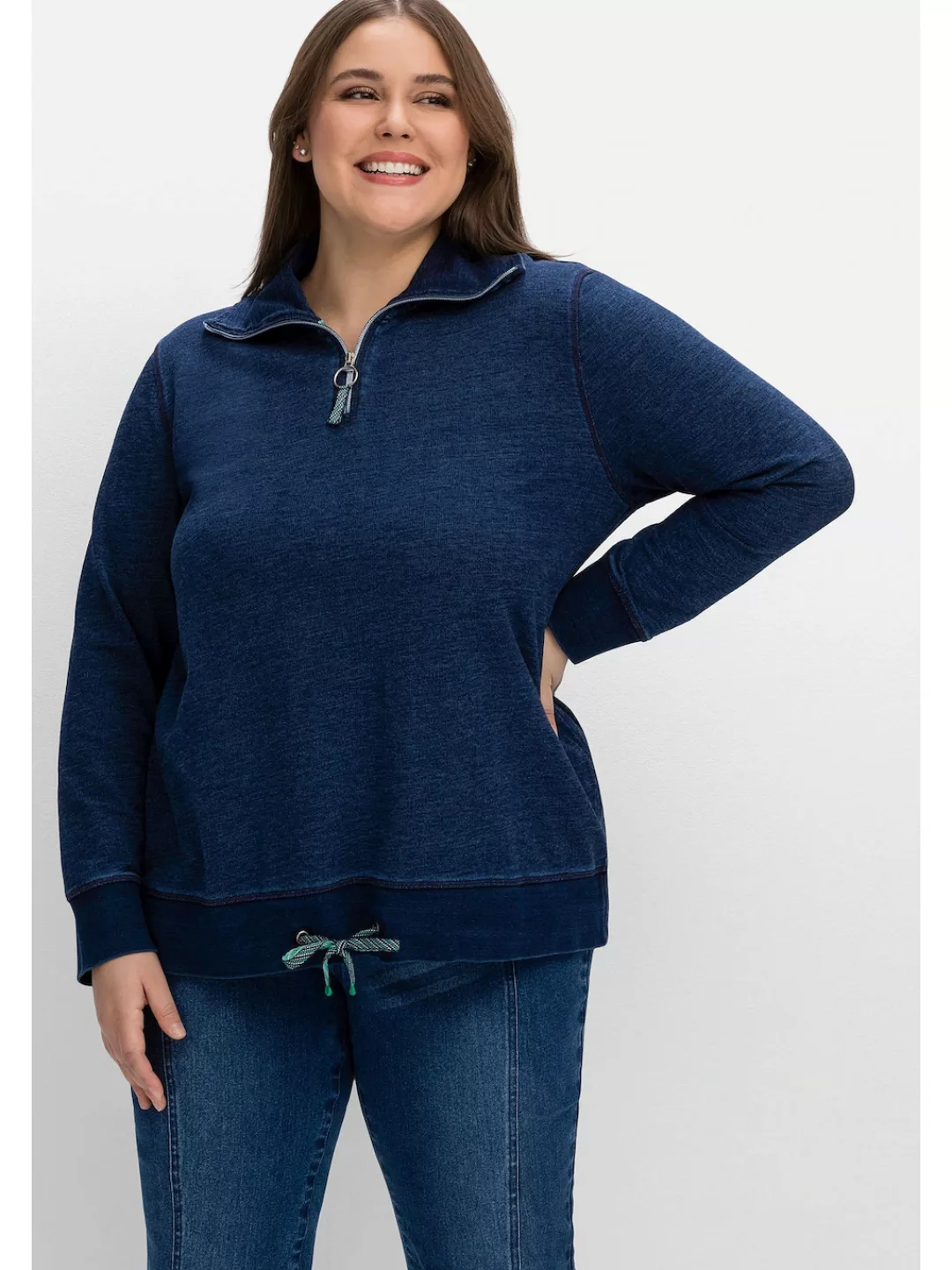 Sheego Sweatshirt "Große Größen", mit Troyerkragen, im Denim-Look günstig online kaufen