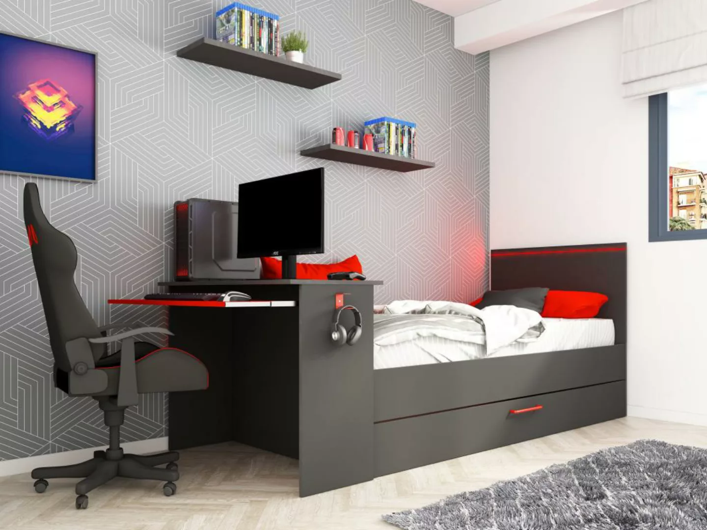 Ausziehbett Gamer mit Schreibtisch & LEDs - 90 x 200 und 90 x 190 cm - Anth günstig online kaufen