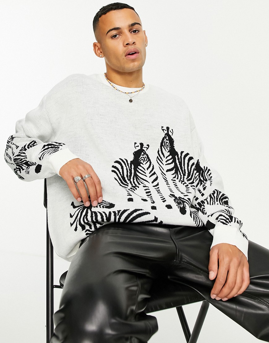 ASOS DESIGN – Oversize-Strickpullover mit Zebra-Design-Weiß günstig online kaufen