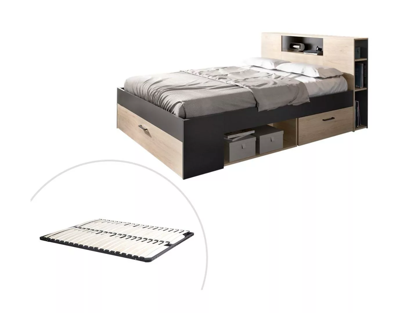 Bett mit Stauraum & Schubladen + Lattenrost - 140 x 190 cm - Naturfarben & günstig online kaufen