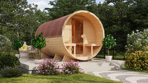 KONIFERA Fasssauna »Lathy XXL«, 9-kW-Ofen mit integrierter Steuerung günstig online kaufen