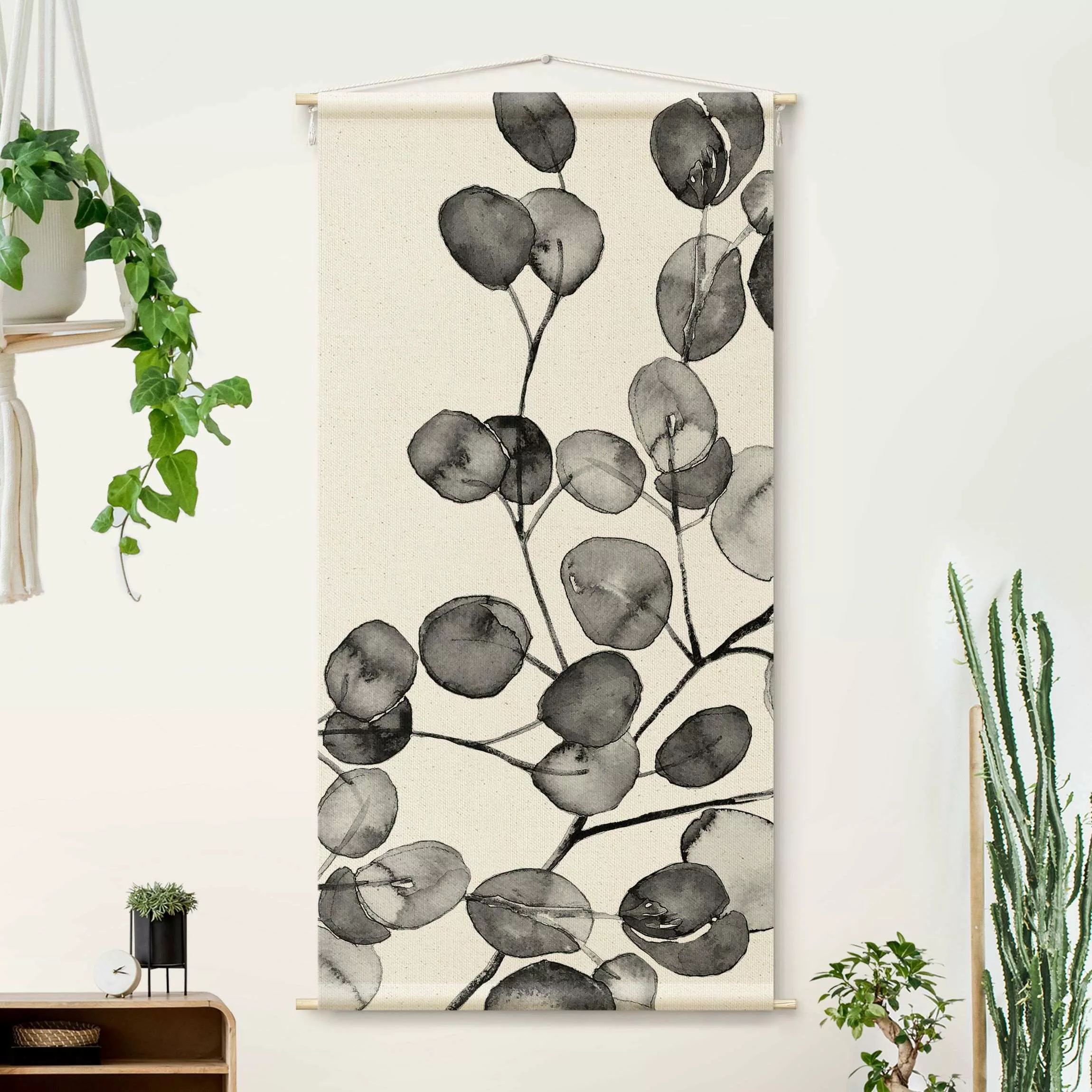 Wandteppich Schwarz Weiß Aquarell Eukalyptuszweig günstig online kaufen