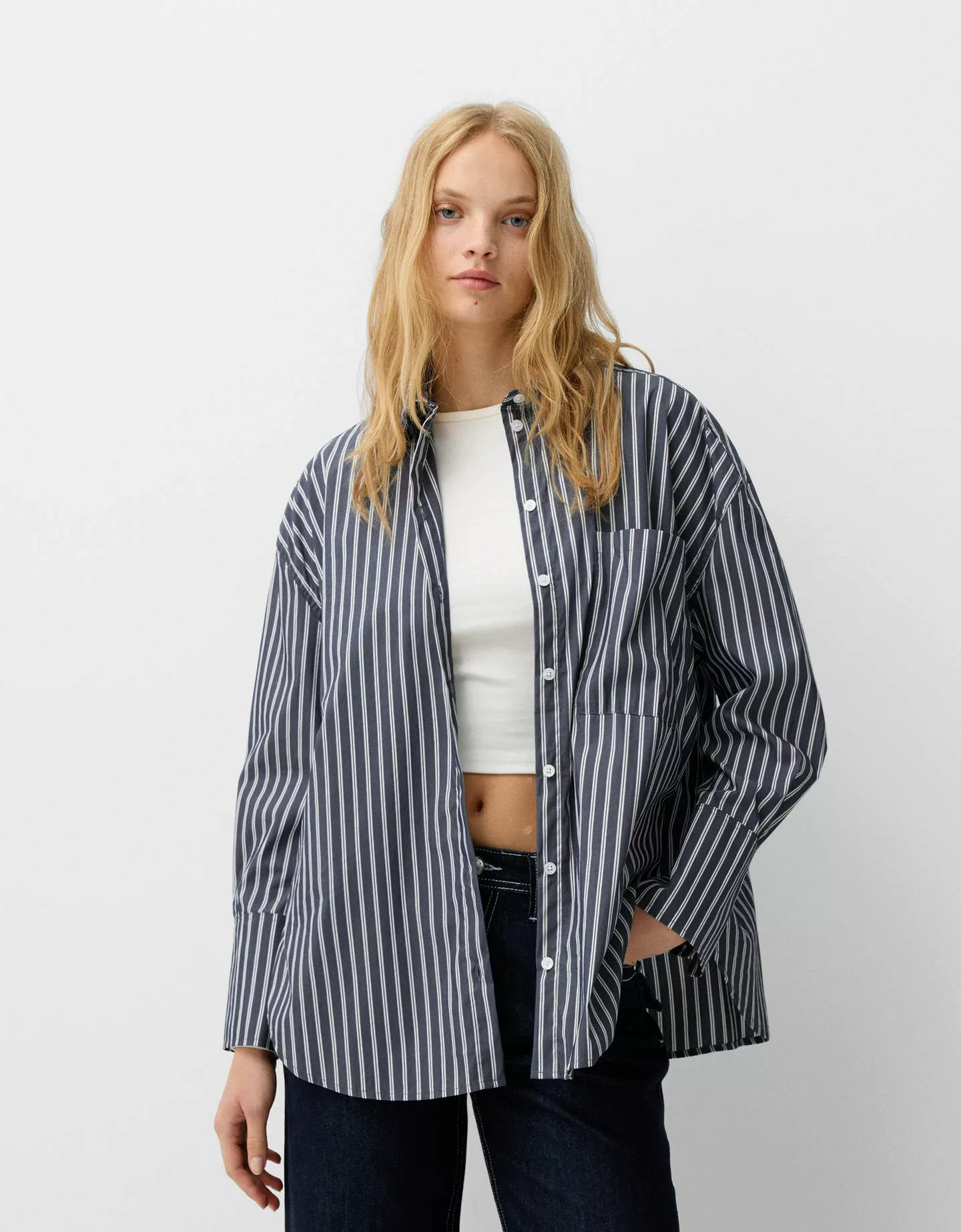 Bershka Oversize-Popelinhemd Damen M Dunkelblau günstig online kaufen