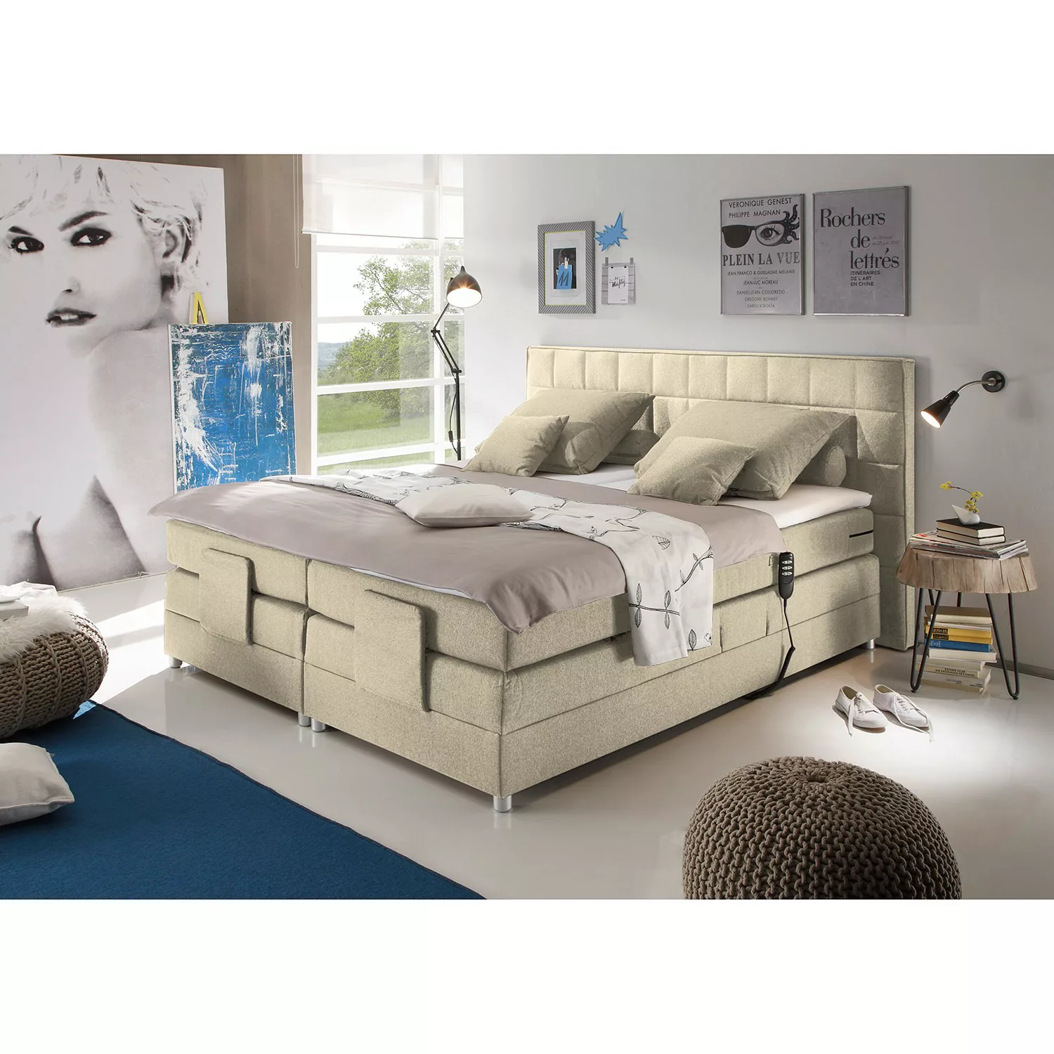 home24 loftscape Boxspringbett Mohon I 160x200 cm Webstoff Sand Verstellbar günstig online kaufen