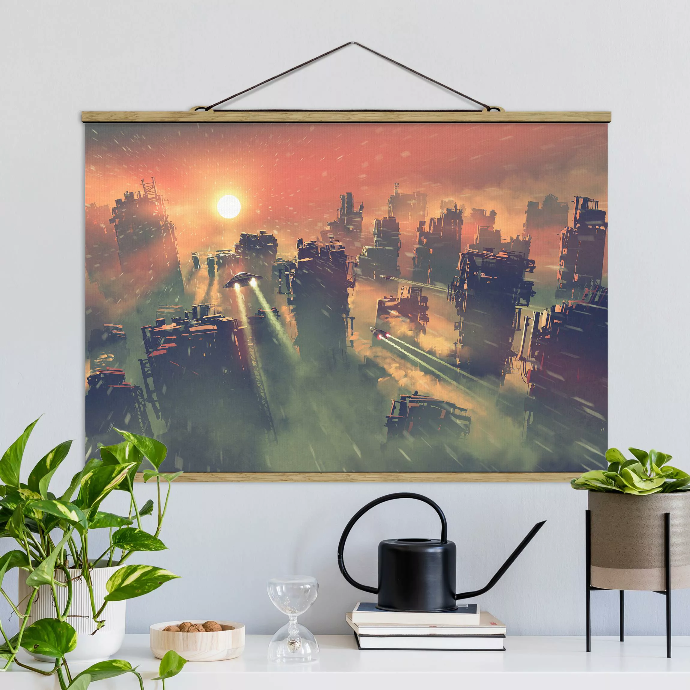 Stoffbild mit Posterleisten Sci-Fi Raumschiffe im Sonnenaufgang günstig online kaufen