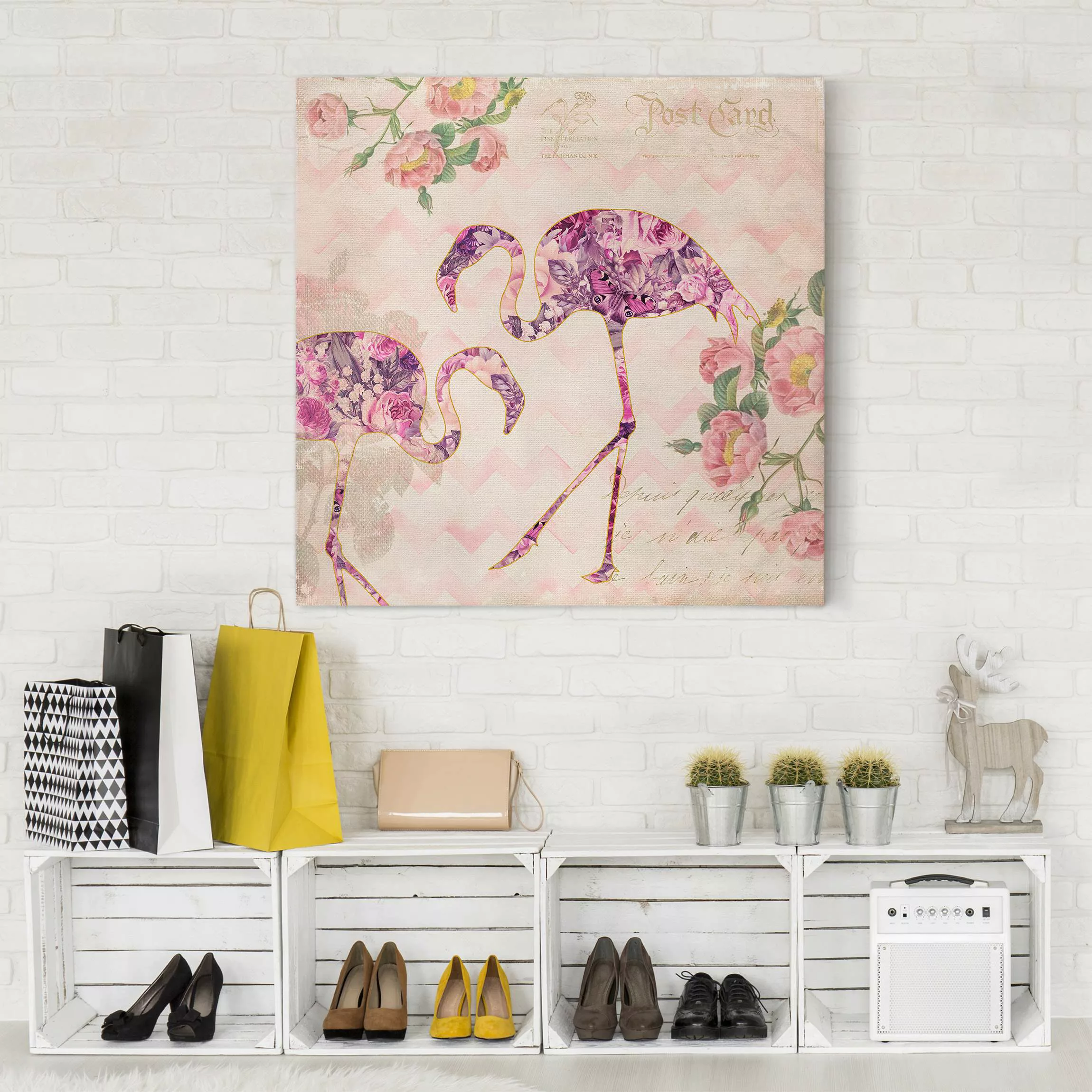 Leinwandbild Vintage Collage - Rosa Blüten Flamingos günstig online kaufen