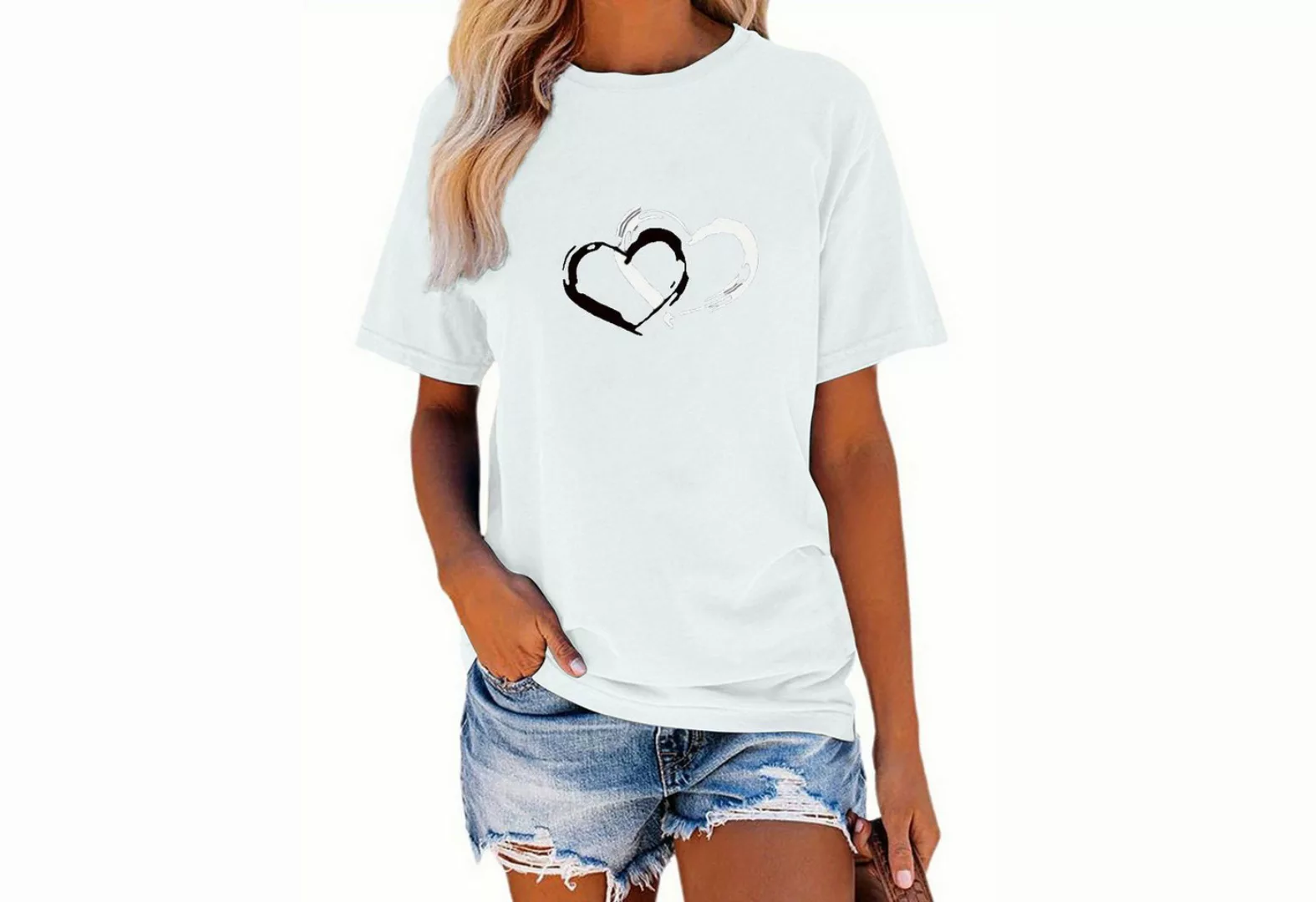 PYL Rundhalsshirt Damen Sommer kurze Ärmel T-Shirt mit Herz Druck günstig online kaufen