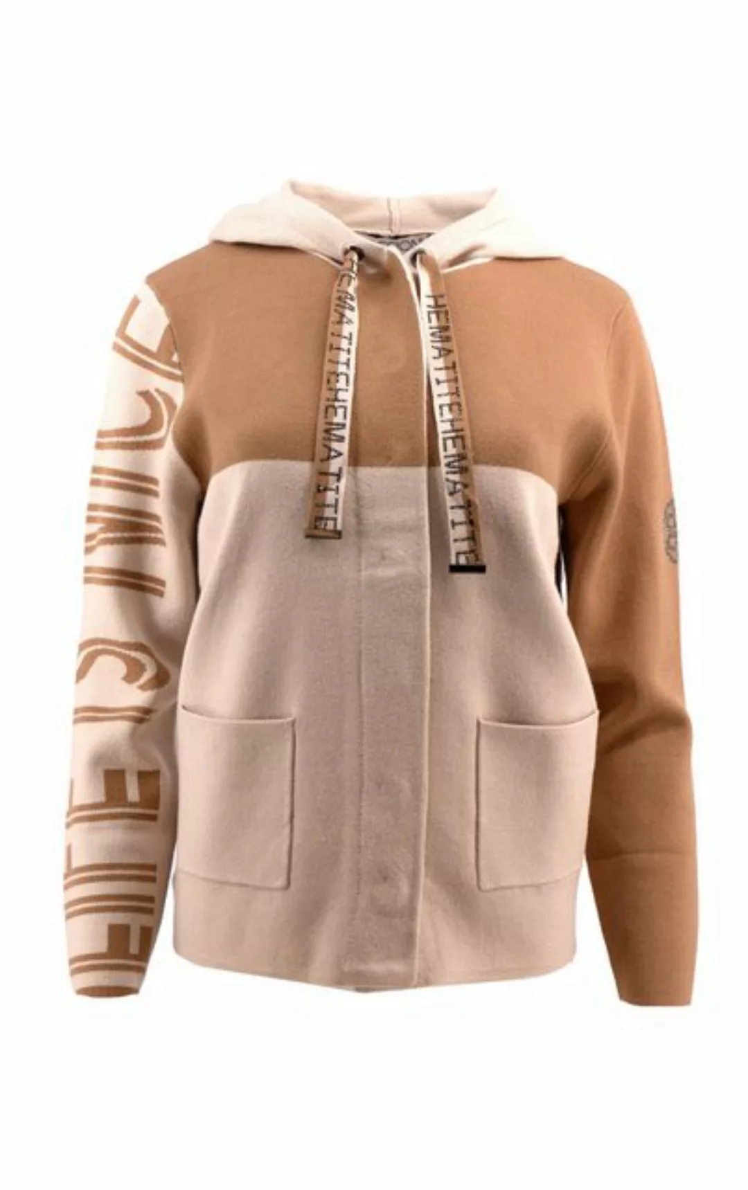 Passioni Kapuzenstrickjacke mit Reißverschluss in Kamel und Beige Farbblock günstig online kaufen