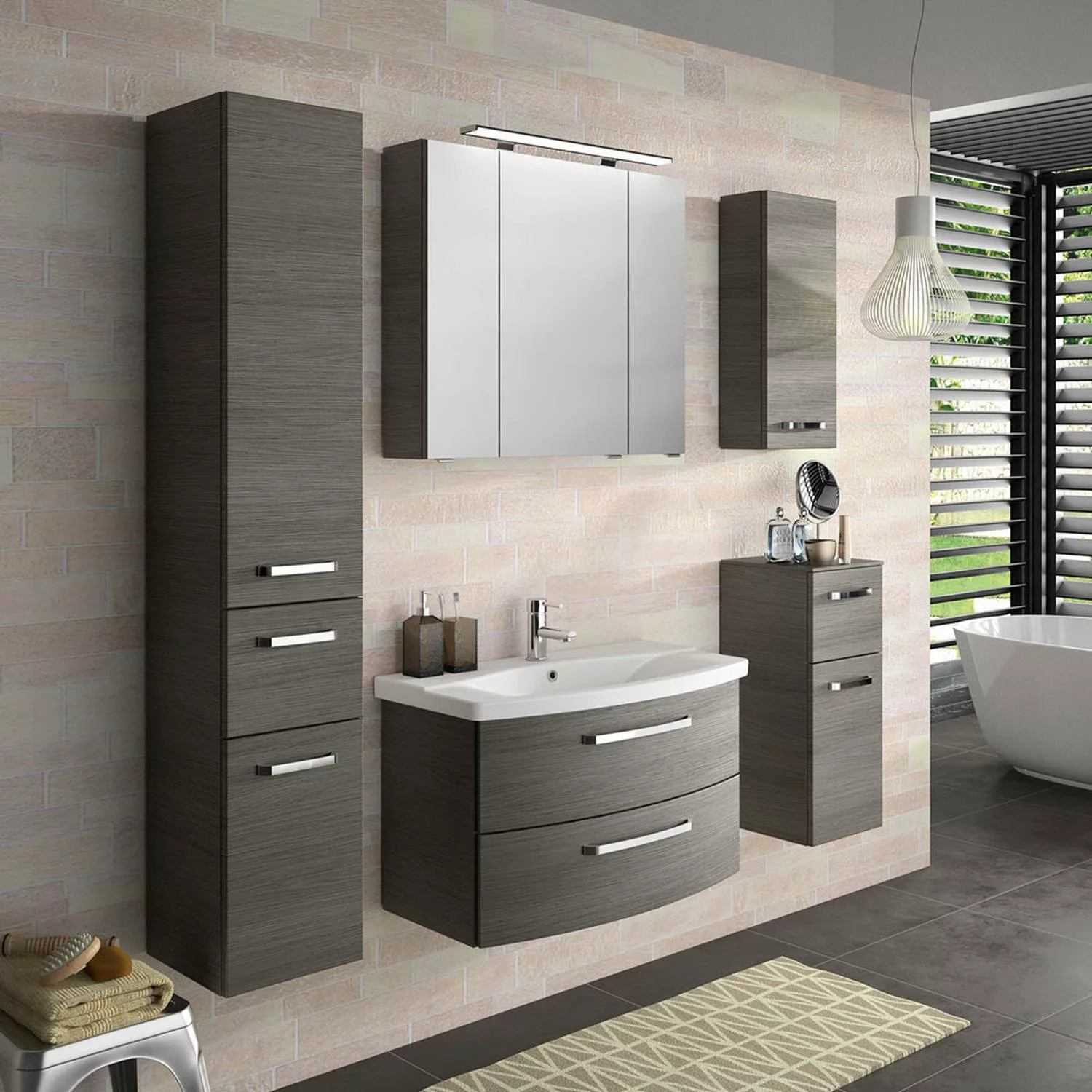 Badezimmer Möbel-Kombi in Graphit Struktur FES-4010-66 mit Waschtisch, Spie günstig online kaufen