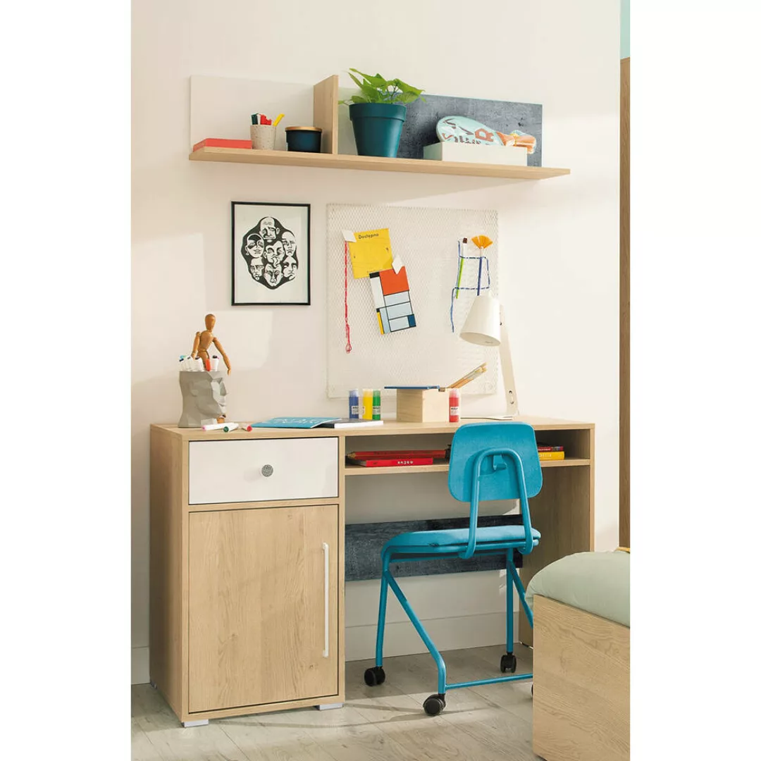 Jugendzimmer Schreibtisch mit Wandboard SPOKANE-133 in Eiche mit weiß und B günstig online kaufen