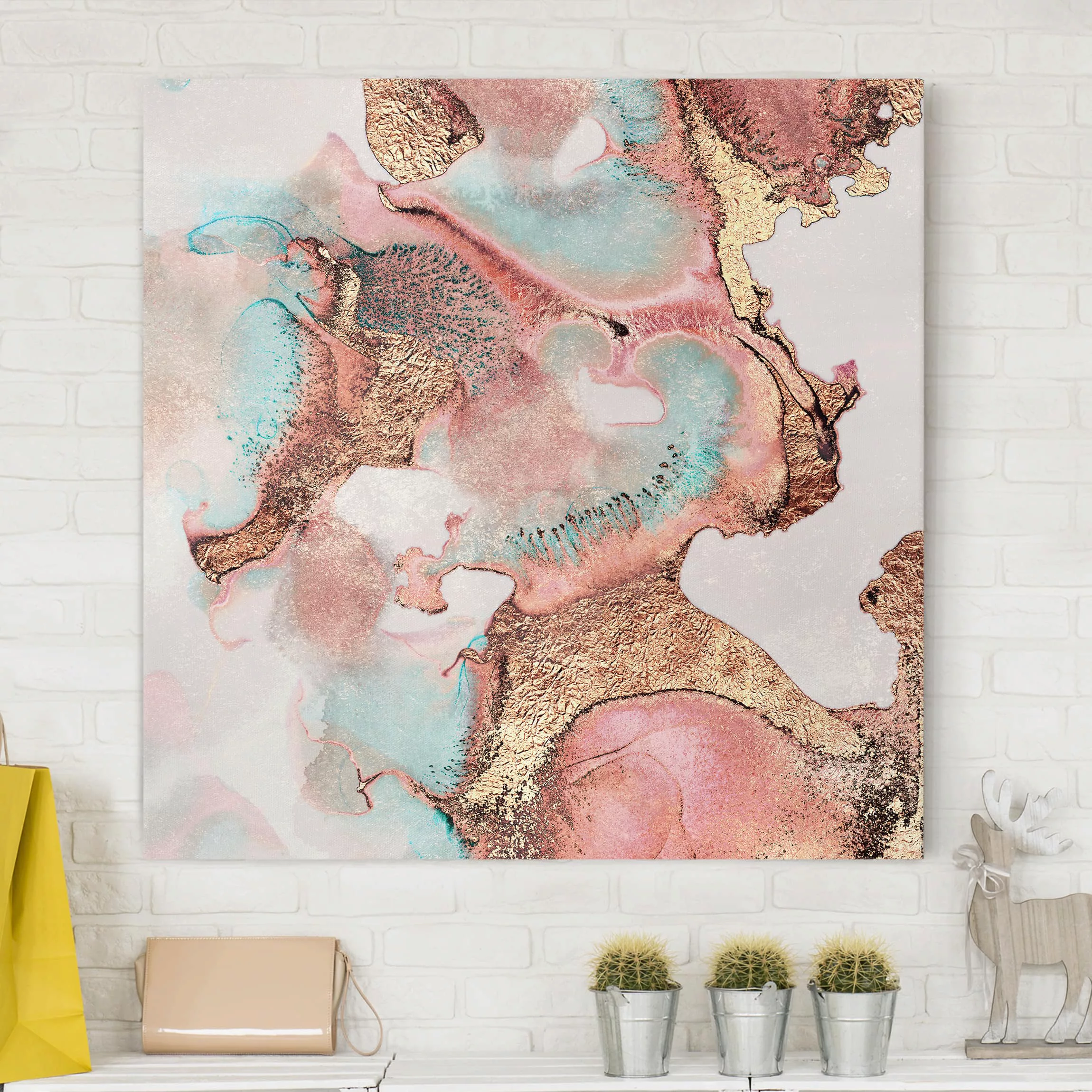 Leinwandbild Abstrakt - Quadrat Goldenes Aquarell Rosé günstig online kaufen