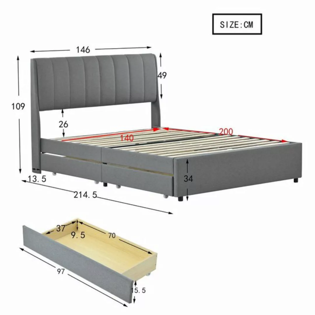 Ulife Polsterbett Doppelbett Holzbett mit 4 Schubladen, Lattenrost und Rück günstig online kaufen