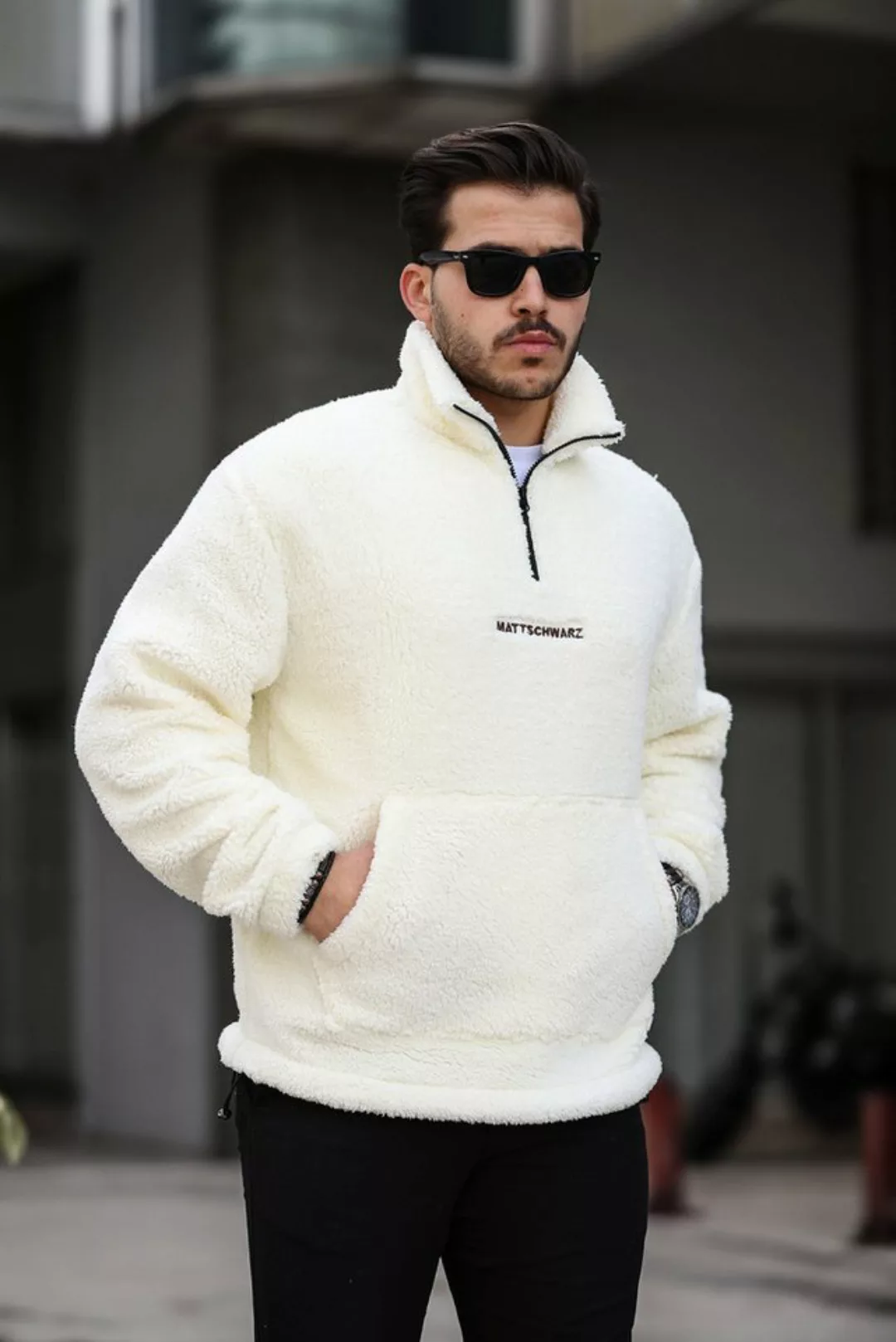 Matschwarz Longsweatshirt Plüsch-Half Zip mit Kängurutasche günstig online kaufen