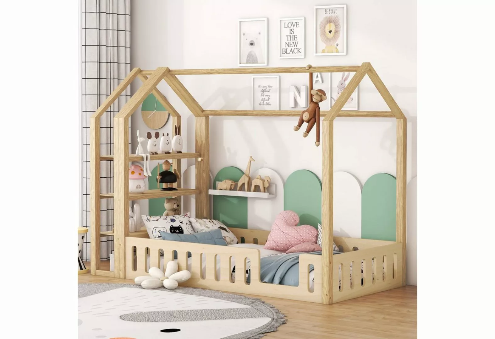 Merax Hausbett mit 3 Ablagen aus Kiefer, Kinderbett 90x200cm mit Rausfallsc günstig online kaufen