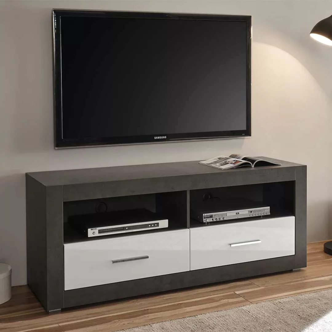 TV Möbel in Weiß Hochglanz und Beton Grau 150 cm breit günstig online kaufen