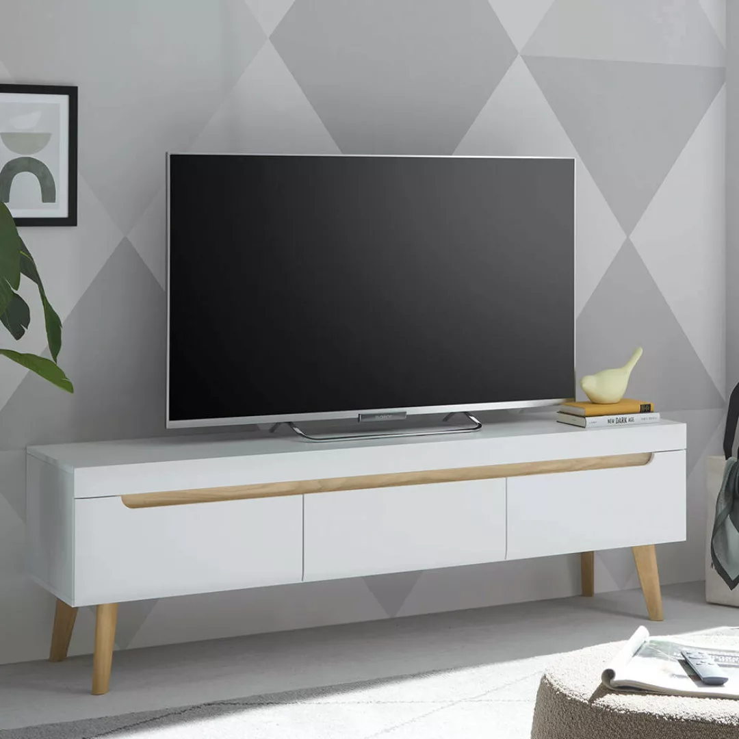 Wohnzimmer TV-Lowboard, 160cm, in Weiß Matt mit Eiche STOCKTON-61 günstig online kaufen