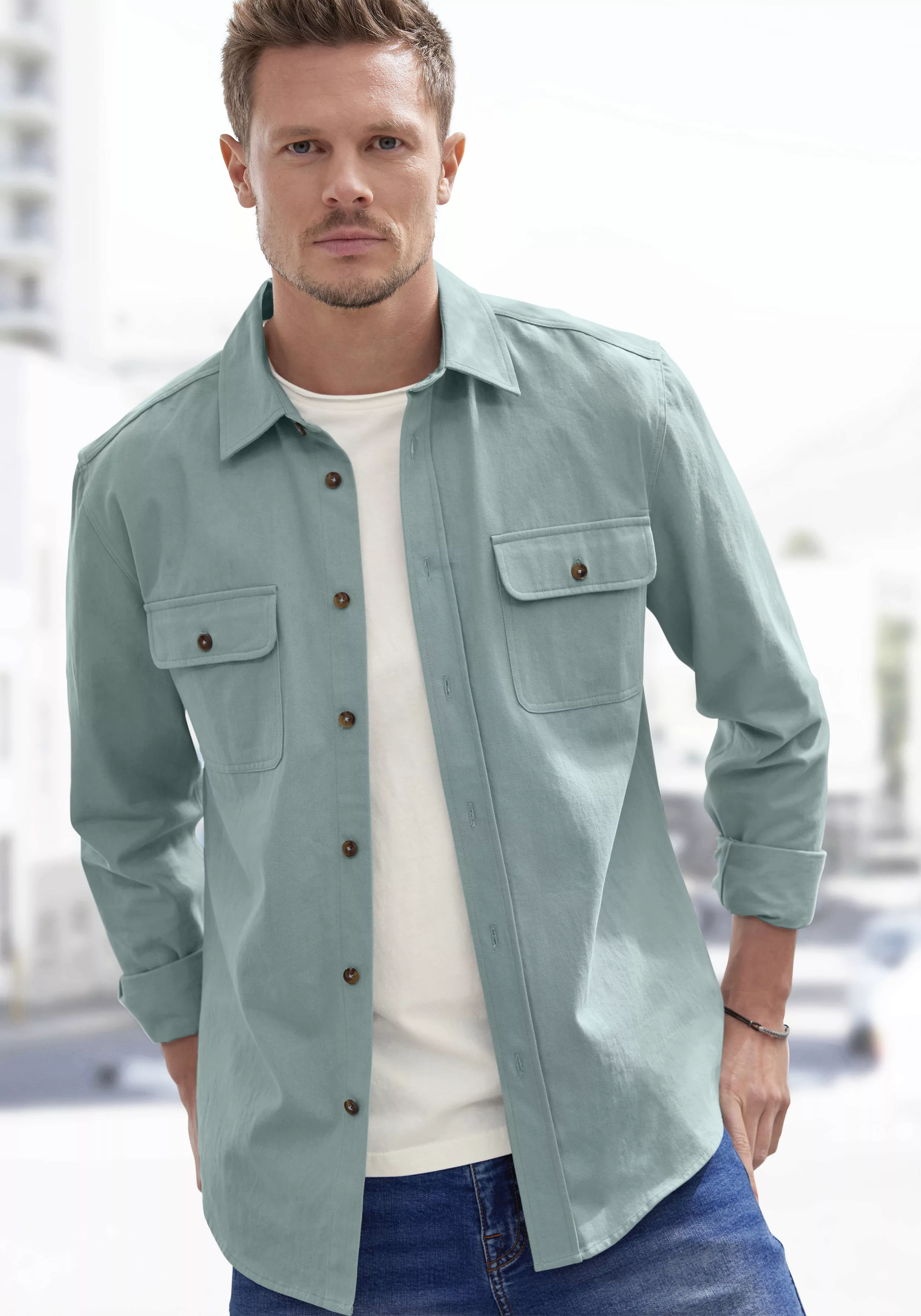 John Devin Langarmhemd, cooles Overshirt aus reiner Baumwolle, mit aufgeset günstig online kaufen