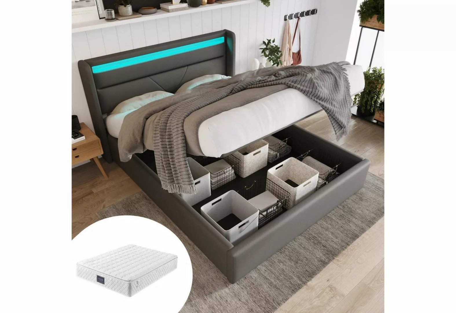 Gotagee Polsterbett Hydraulisch Doppelbett LED+Stauraum Weiß/Grau Jugendbet günstig online kaufen