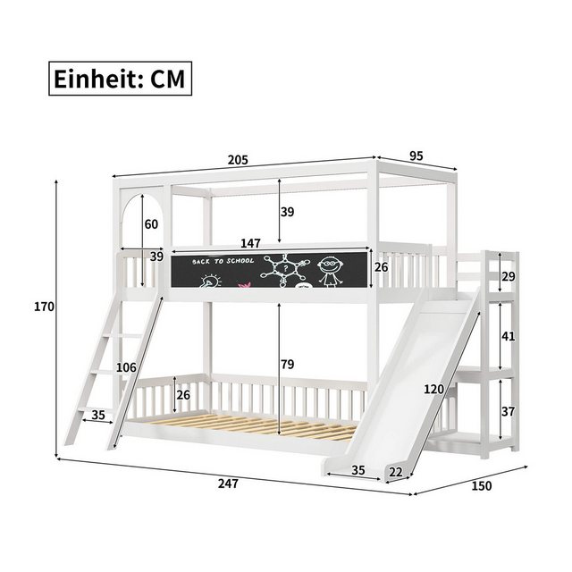 Furnishings Home Etagenbett 90x200cm Holzbett mit Zeichenbrett Treppe Rutsc günstig online kaufen