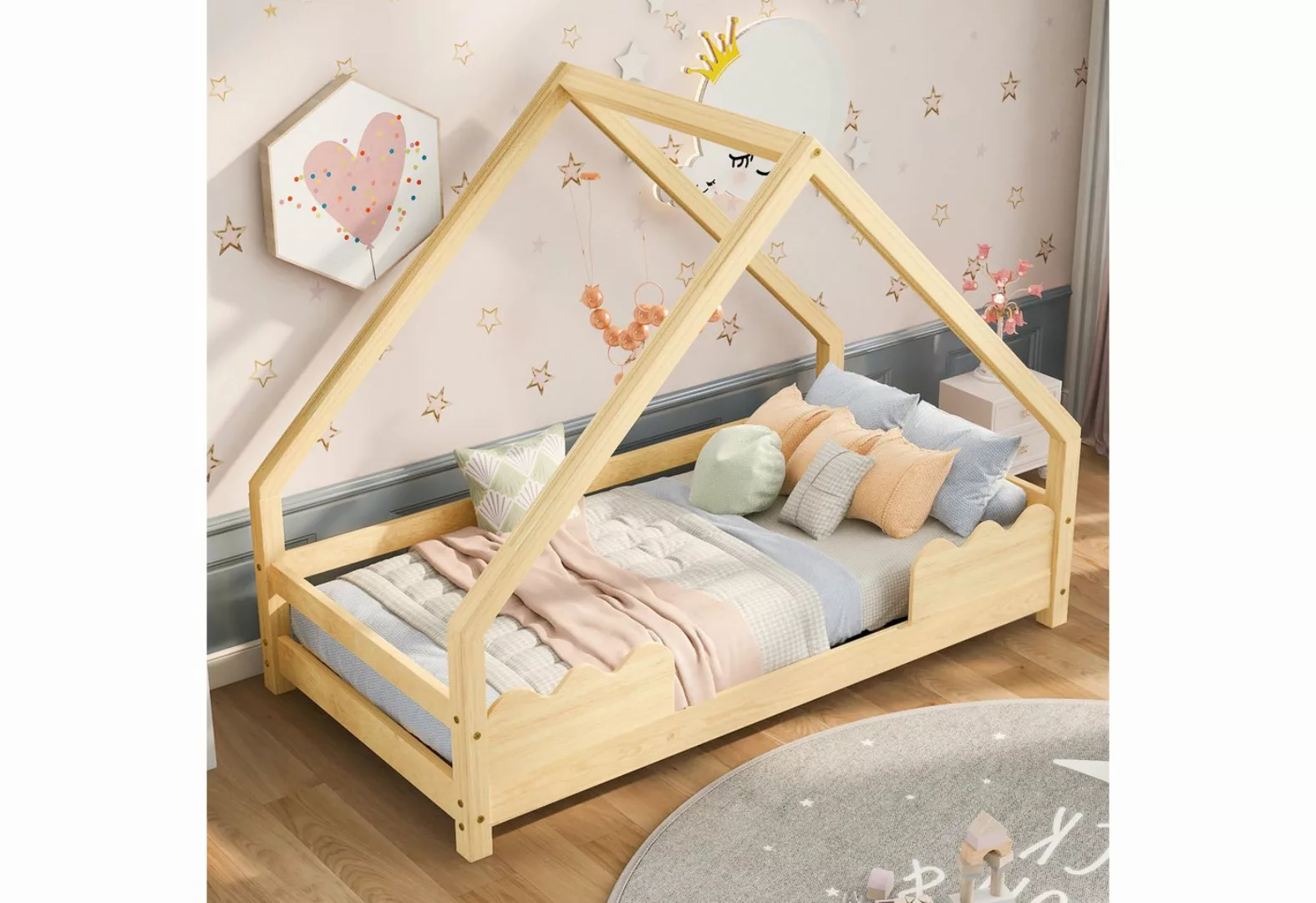 KLAM HOME Hausbett Bettgestell Massivholz Kinderbett mit Rausfallschutz Spi günstig online kaufen