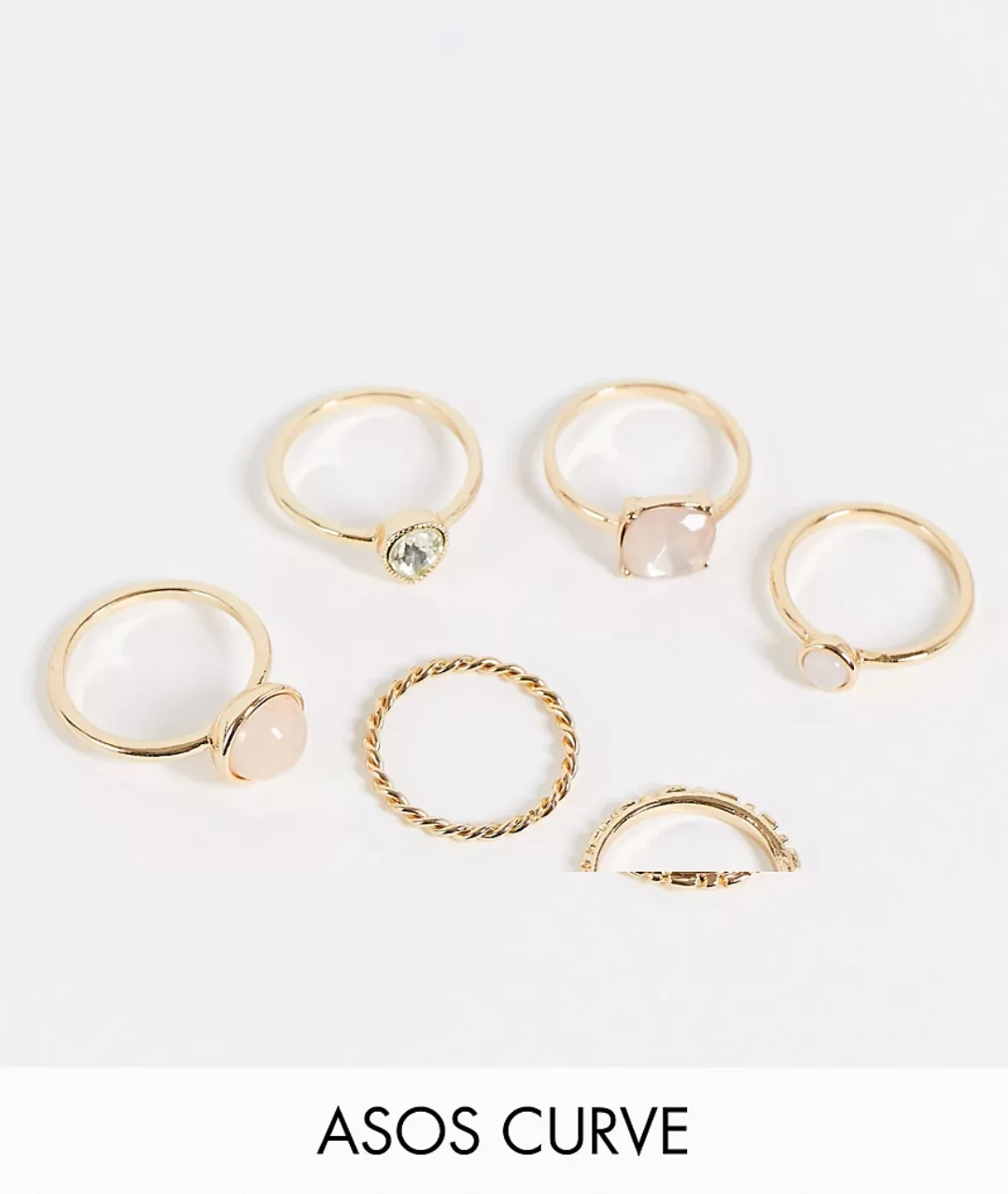 ASOS DESIGN Curve – Goldfarbene Ringe im 6er-Pack mit pastellfarbenen Stein günstig online kaufen