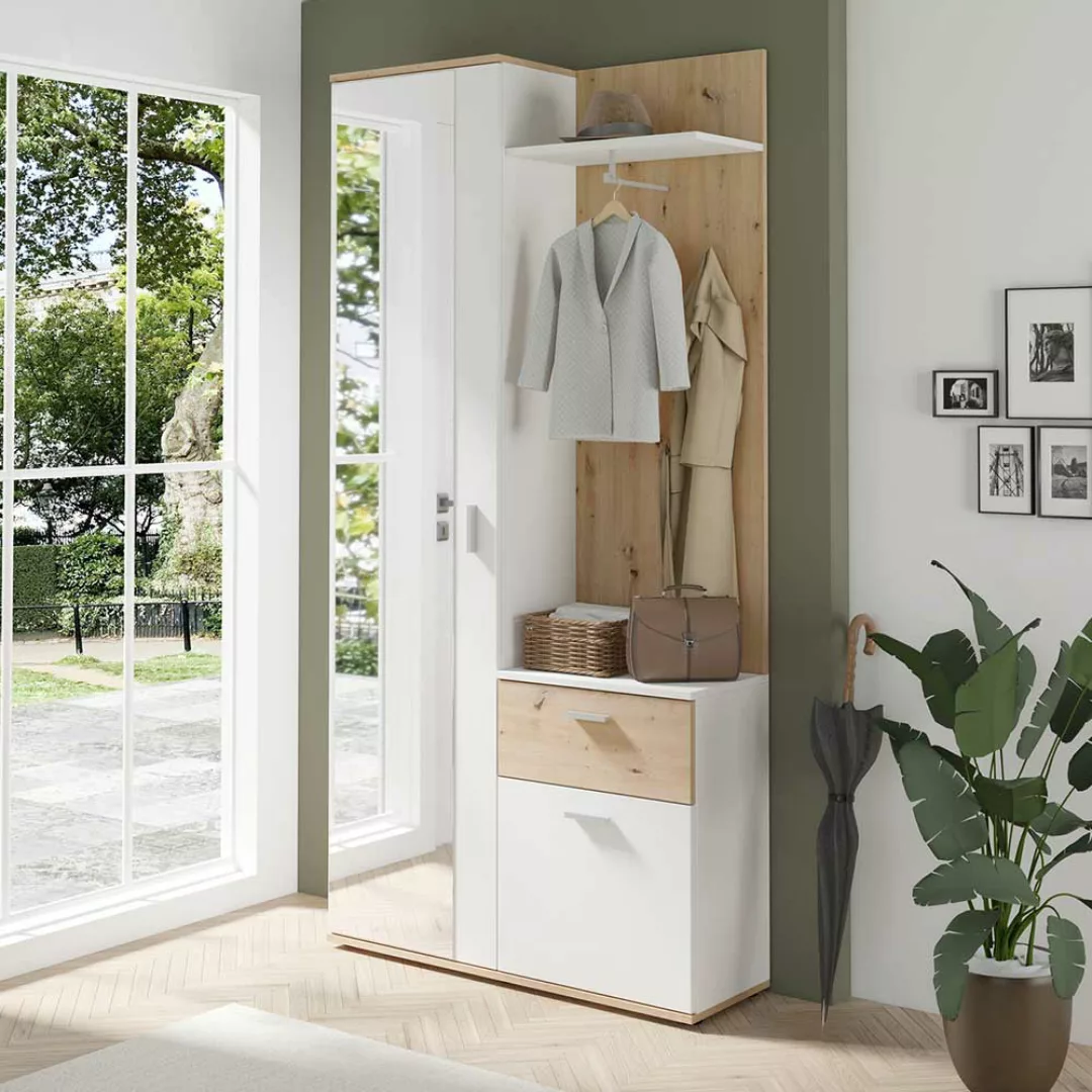 Garderobe mit Spiegeltür in Wildeichefarben & Weiß 190 cm hoch günstig online kaufen