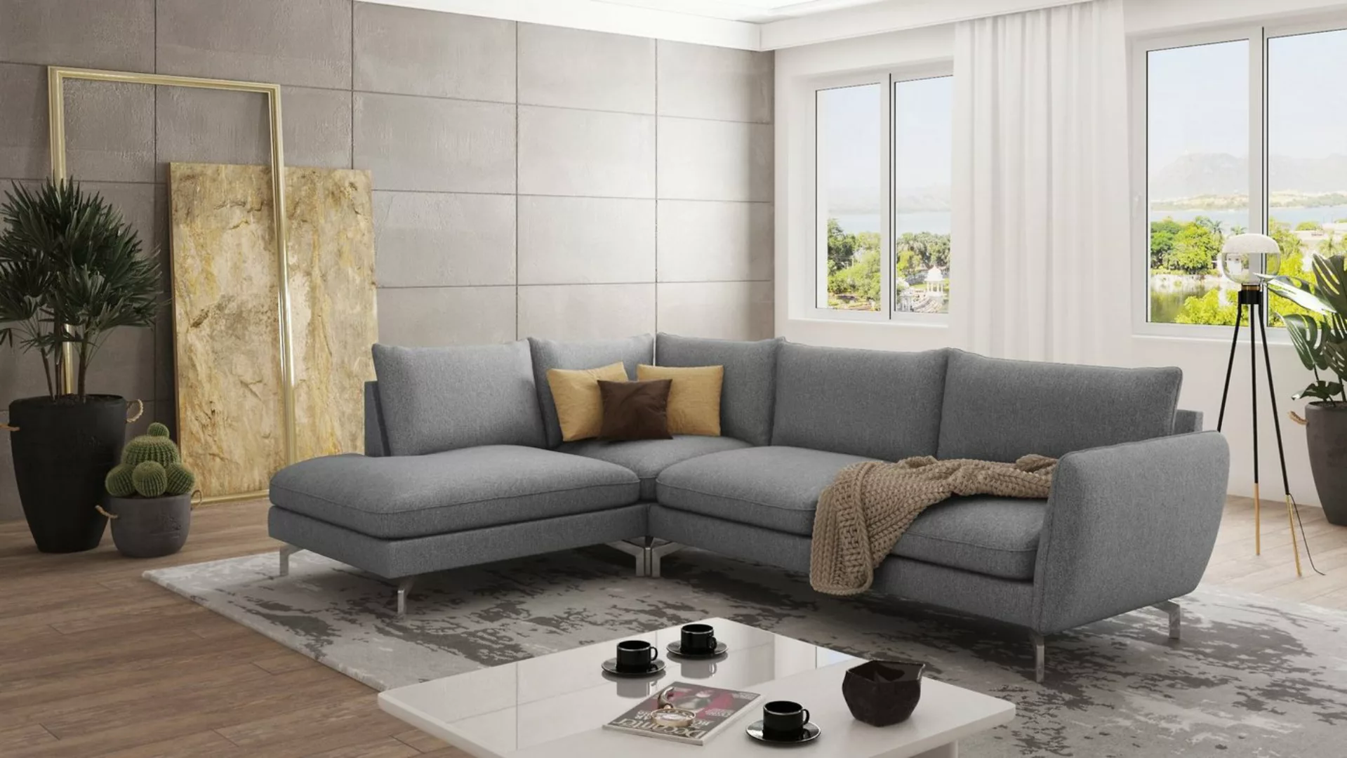 S-Style Möbel Ecksofa Benita mit Silber Metall Füßen, Ottomane links oder r günstig online kaufen