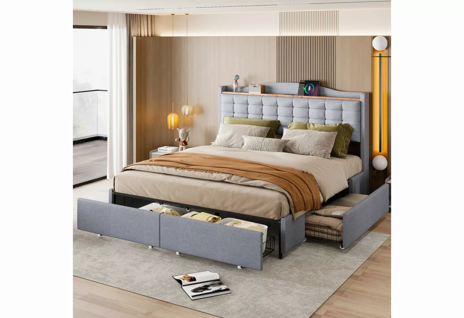 OKWISH Polsterbett Doppelbett, Nachttisch mit USB-Ladeanschluss und Ablage günstig online kaufen
