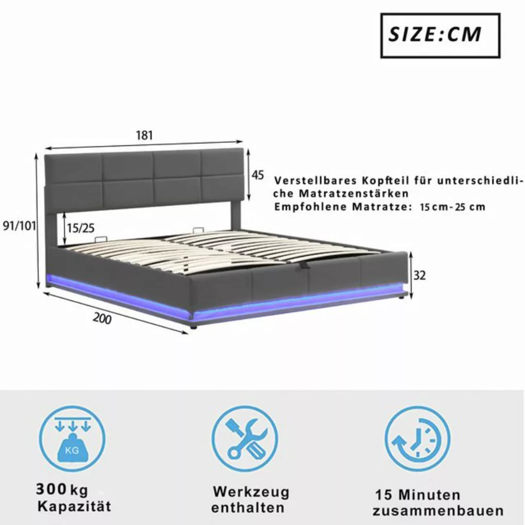 Odikalo Polsterbett Jugendbett 180x200cm mit Hydraulisch anhebbarer Bettsta günstig online kaufen