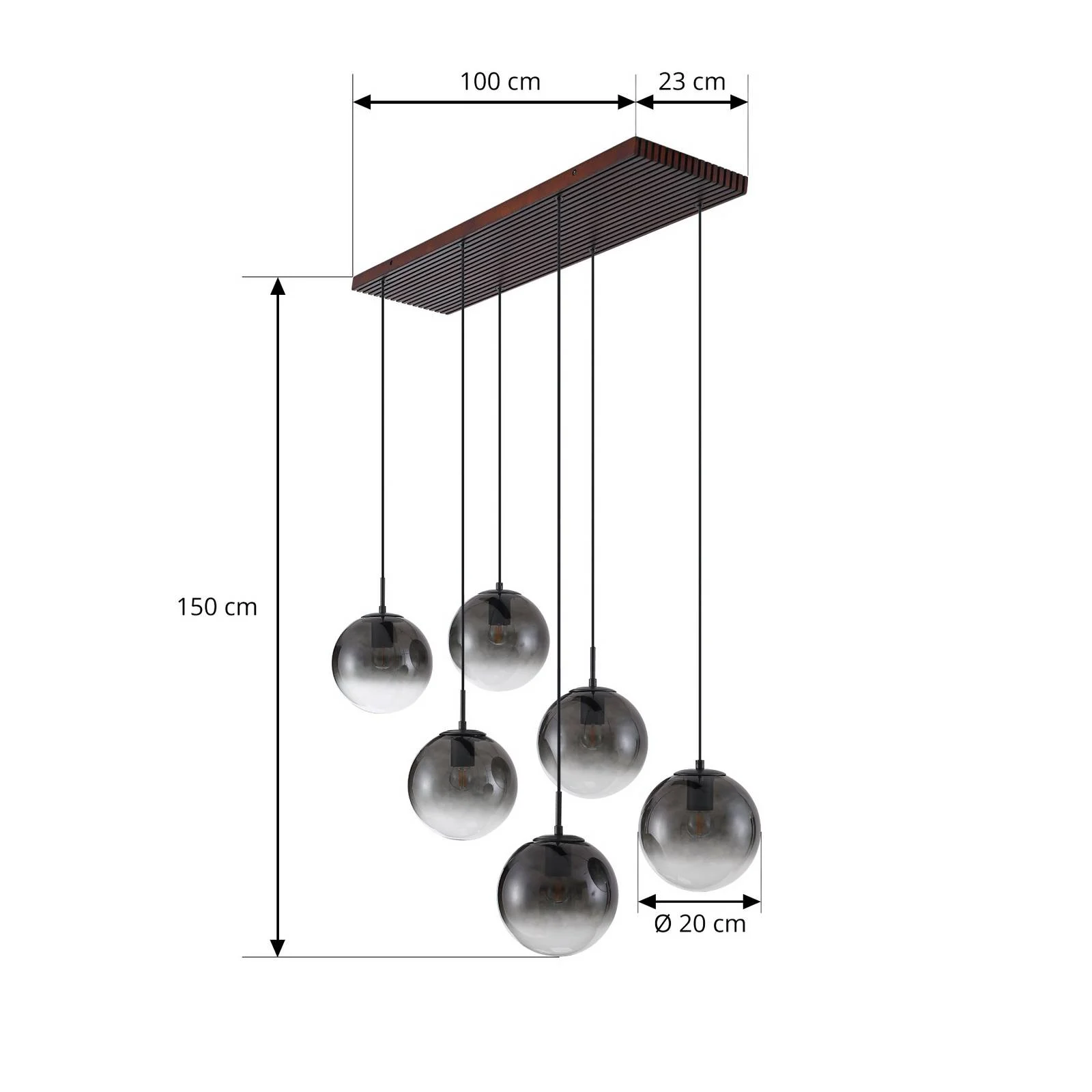 Lucande Hängeleuchte Veloura, 6-flammig, 100 cm, Glas, Holz günstig online kaufen