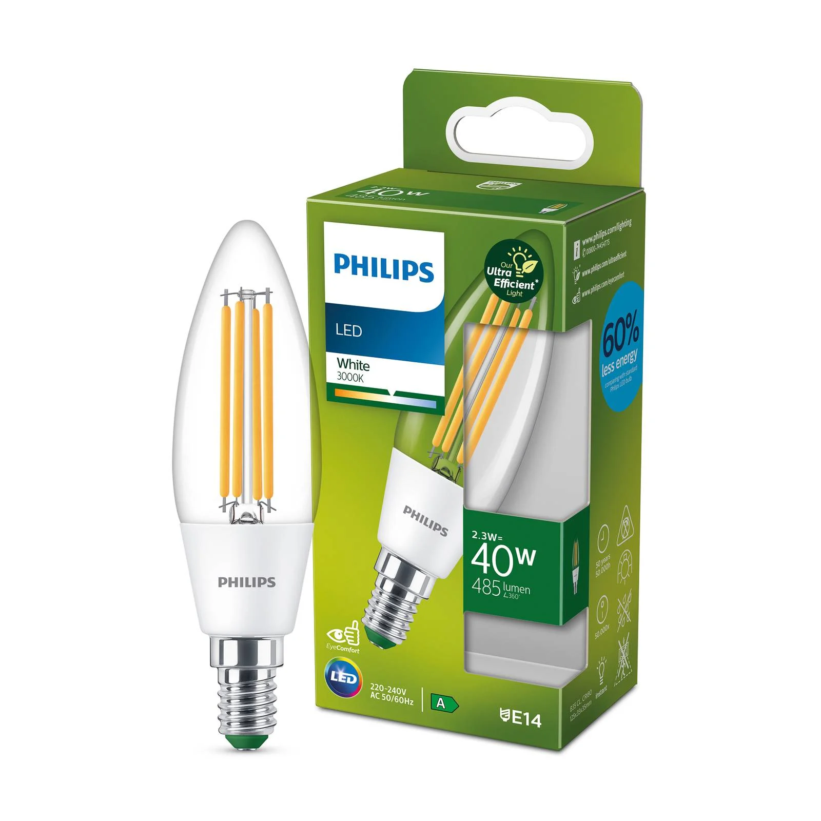 Philips LED-Leuchtmittel E14 Kerzenform 5,2 W 485 lm 12,5 x 3,5 cm (H x Ø) günstig online kaufen