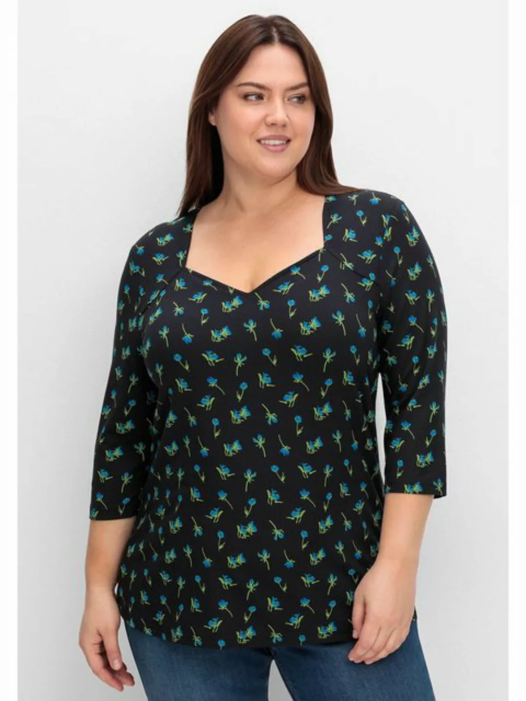 Sheego T-Shirt Große Größen mit Blumenprint und Herzausschnitt günstig online kaufen
