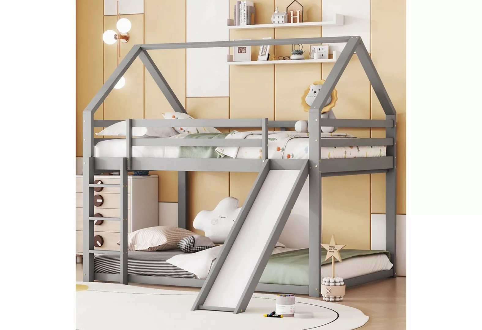 Celya Etagenbett Kinderbett Hausbett mit Rutsche und Leiter, 140X200cm,Grau günstig online kaufen