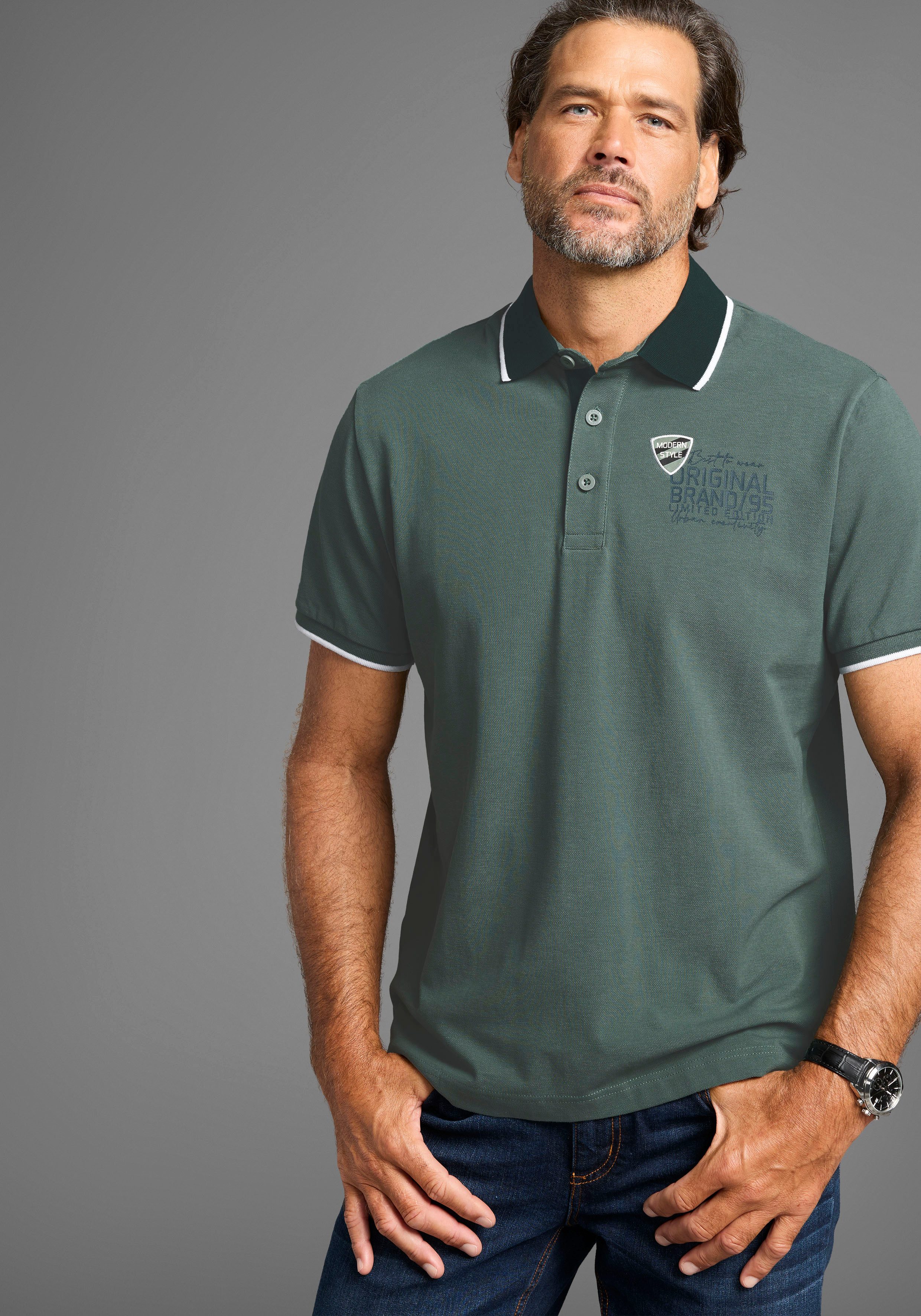 Man's World Poloshirt mit Brustprint, meliertes günstig online kaufen
