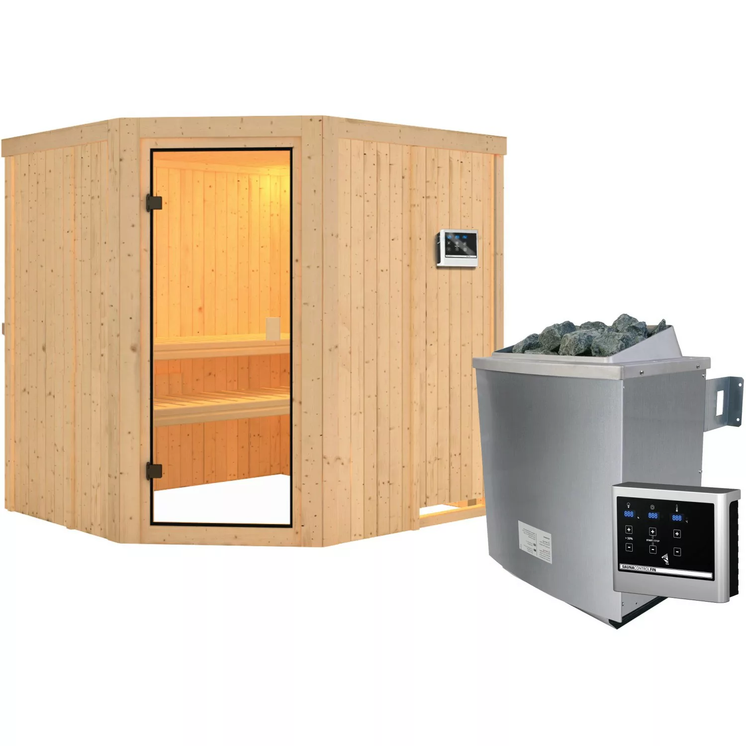 Woodfeeling Sauna Bodo inkl. 9 kW Ofen mit ext. Strg., Glastür Bronziert günstig online kaufen