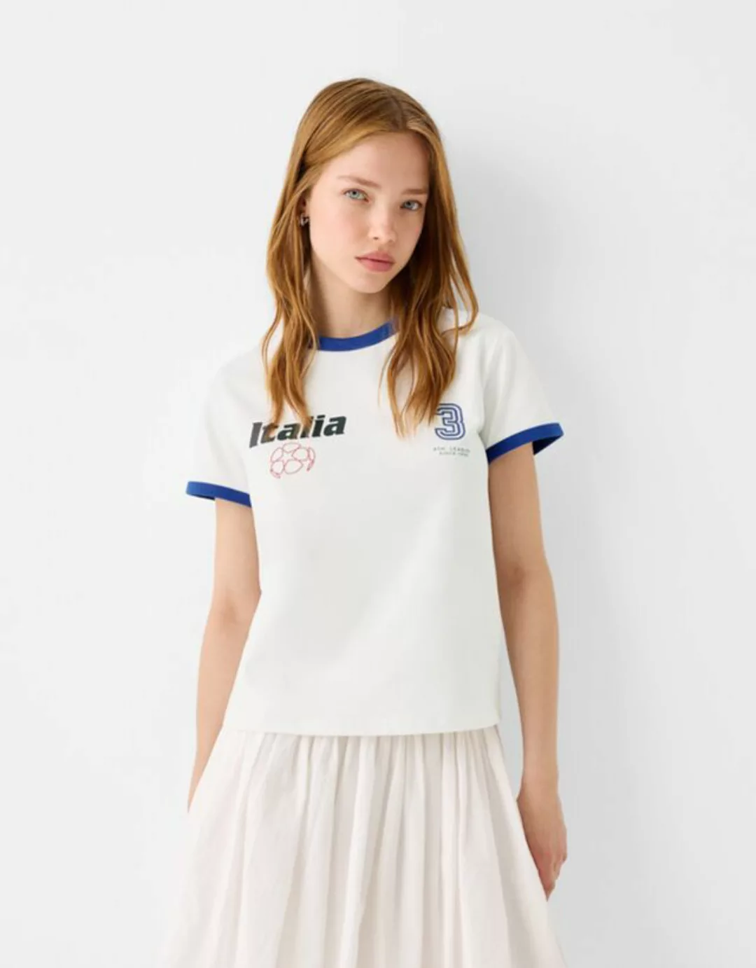 Bershka Sportliches Kurzarm-T-Shirt Mit Kontrasten Damen L Rohweiß günstig online kaufen