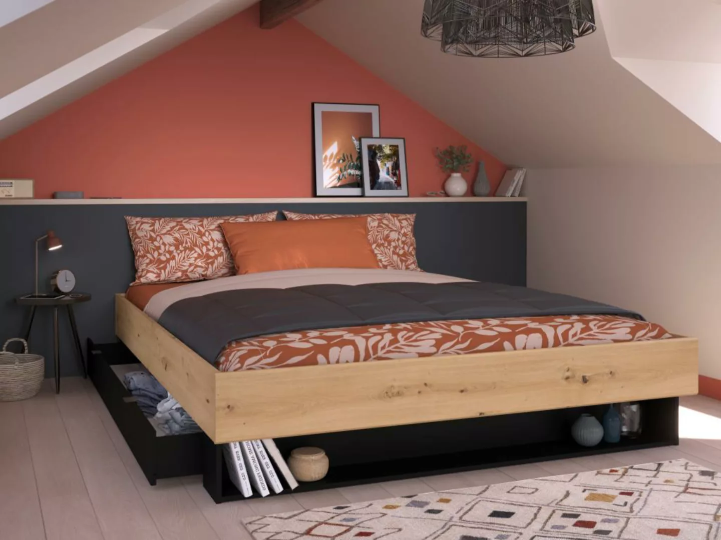 Bett mit 1 Schublade & 1 Ablage + Lattenrost + Matratze - 160 x 200 cm - Ho günstig online kaufen