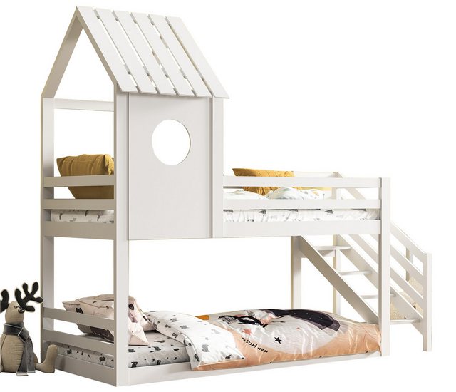 FUROKOY Etagenbett Kinderbett Holzbett Hausbett Massivholz Treppe und Dach günstig online kaufen