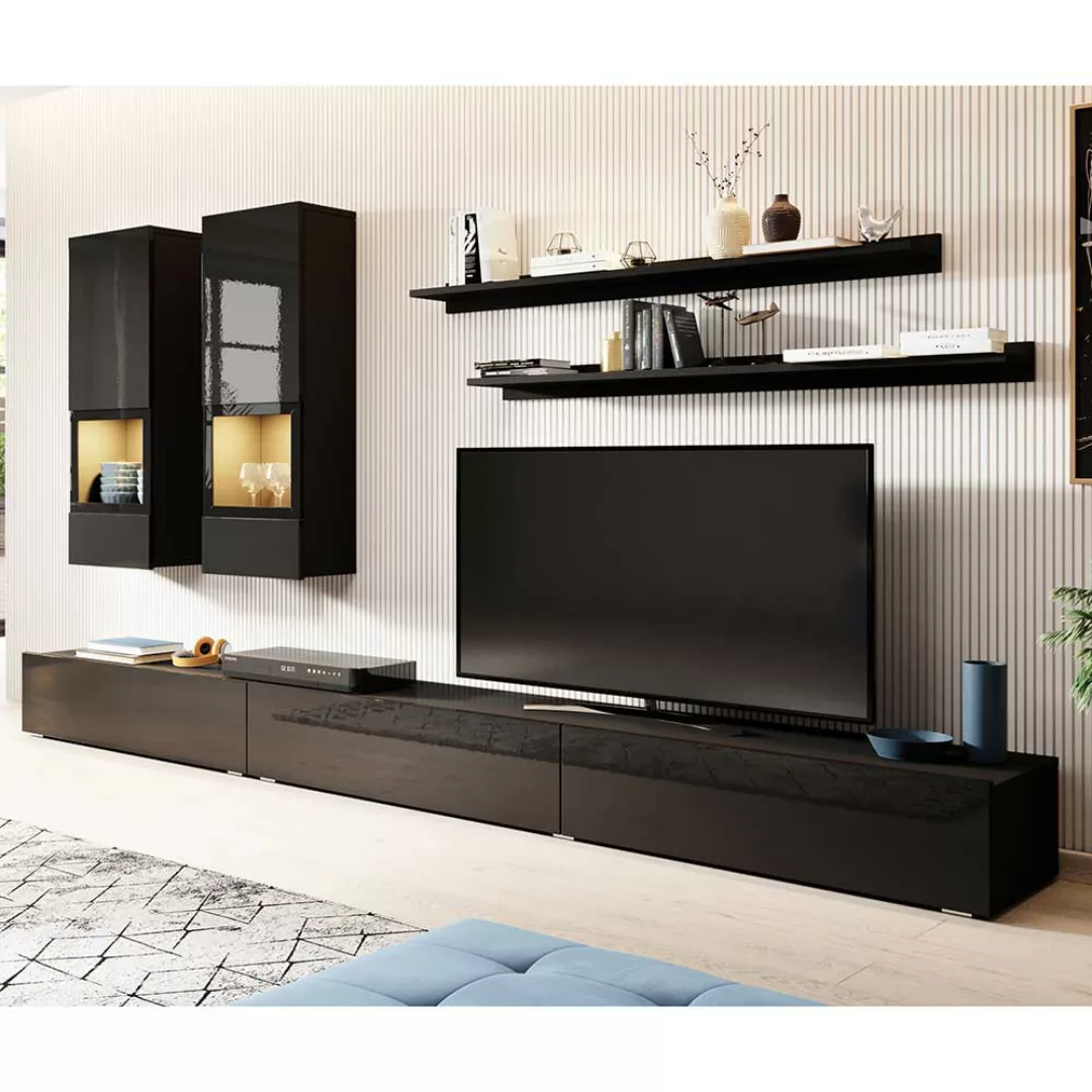 Günstige Wohnwand in Schwarz matt und Hochglanz 270 cm breit (fünfteilig) günstig online kaufen