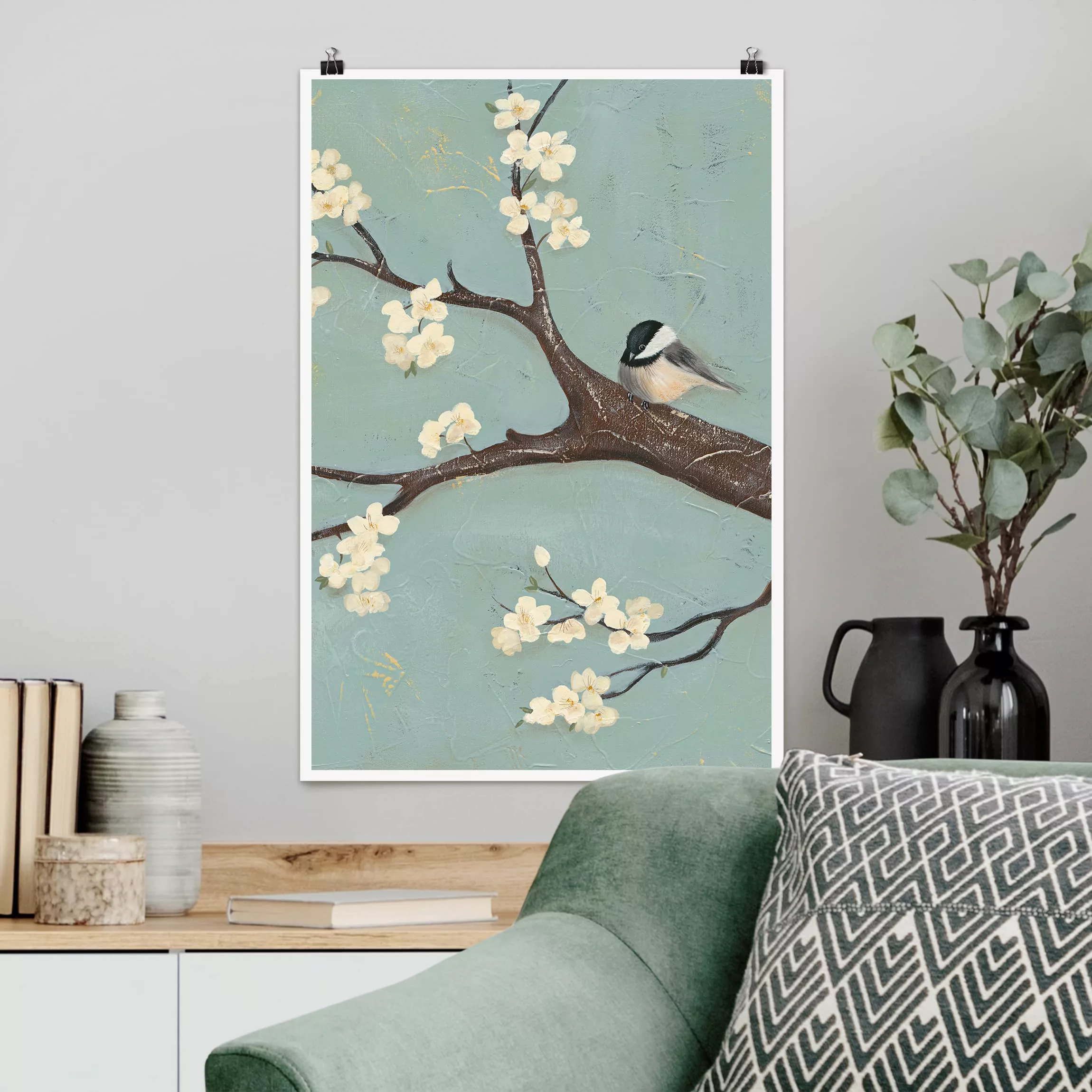 Poster Tiere - Hochformat Meise auf Kirschbaum günstig online kaufen