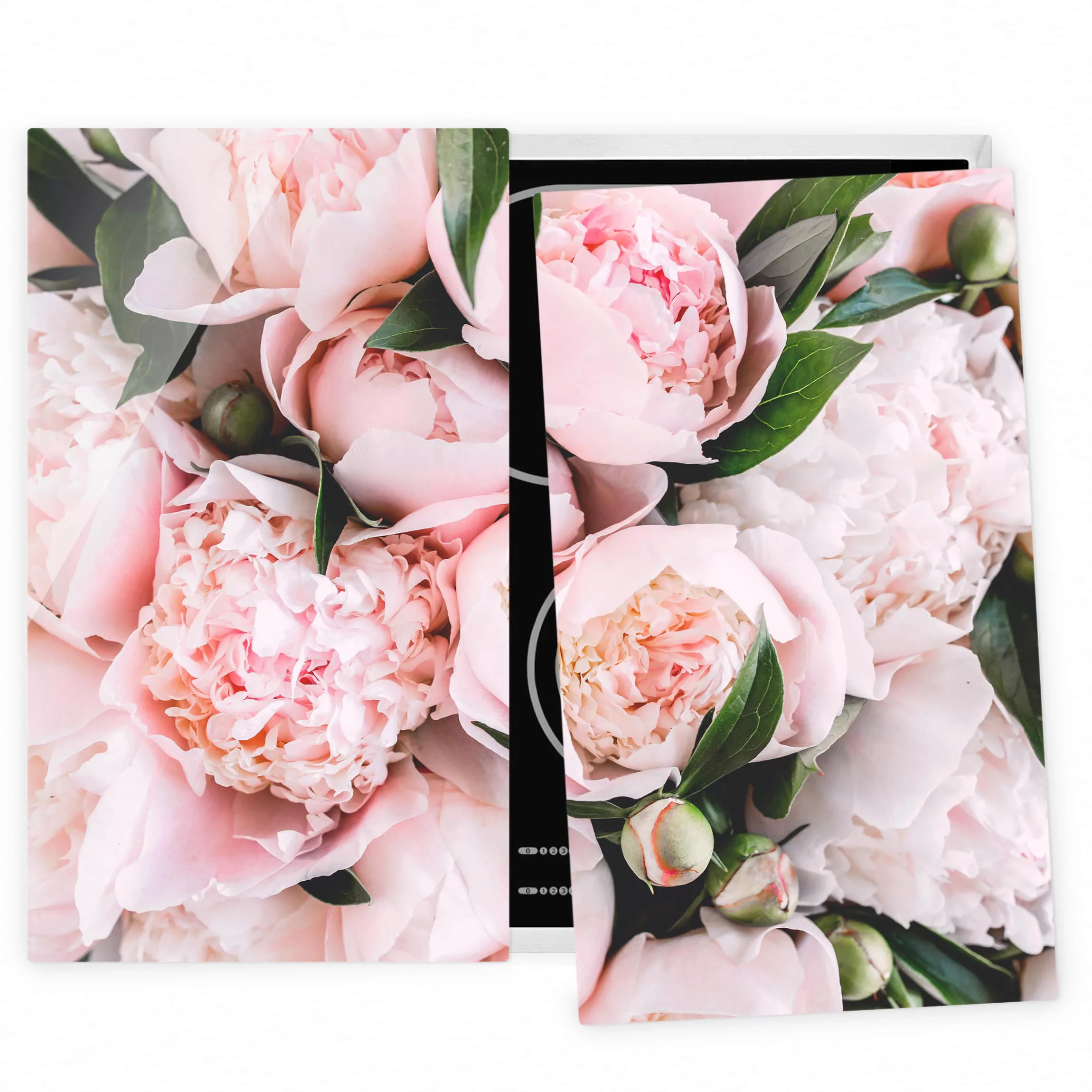 2-teilige Herdabdeckplatte Glas Blumen Rosa Pfingstrosen mit Blättern günstig online kaufen