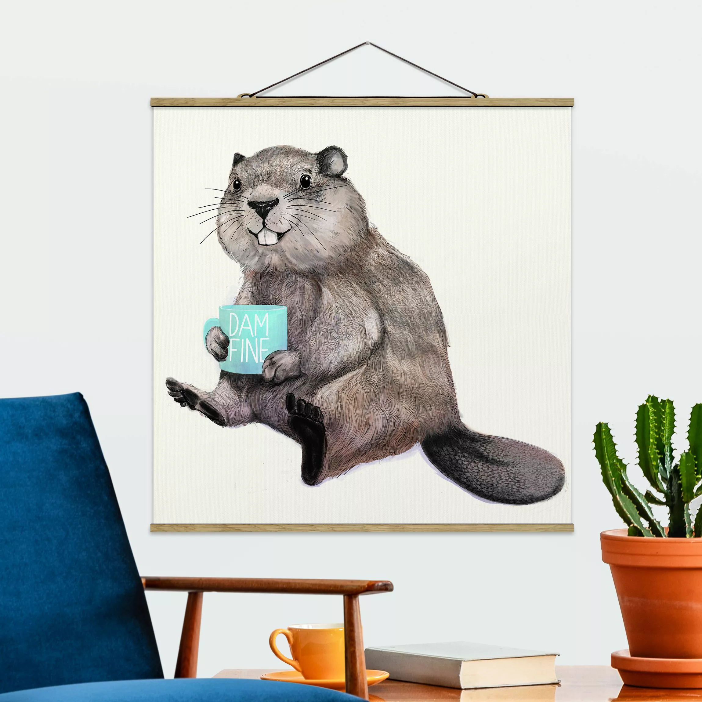Stoffbild Tiere mit Posterleisten - Quadrat Illustration Biber mit Kaffeeta günstig online kaufen