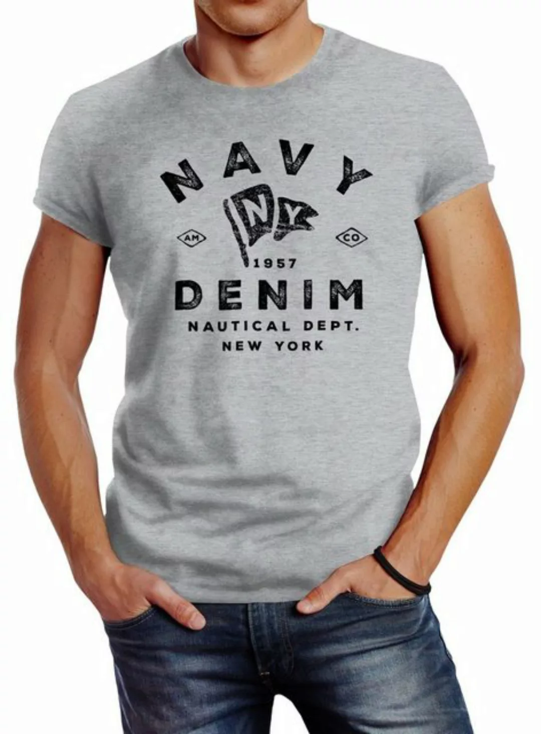 Neverless Print-Shirt Herren T-Shirt Vintage Motiv Schriftzug Navy Denim Na günstig online kaufen