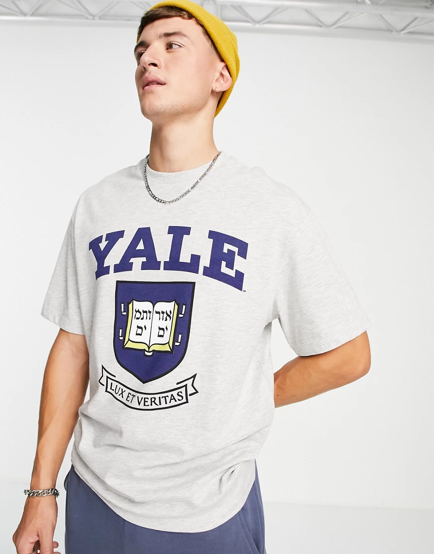 Topman – Oversized-T-Shirt in Kalkgrau mit Yale-Print günstig online kaufen