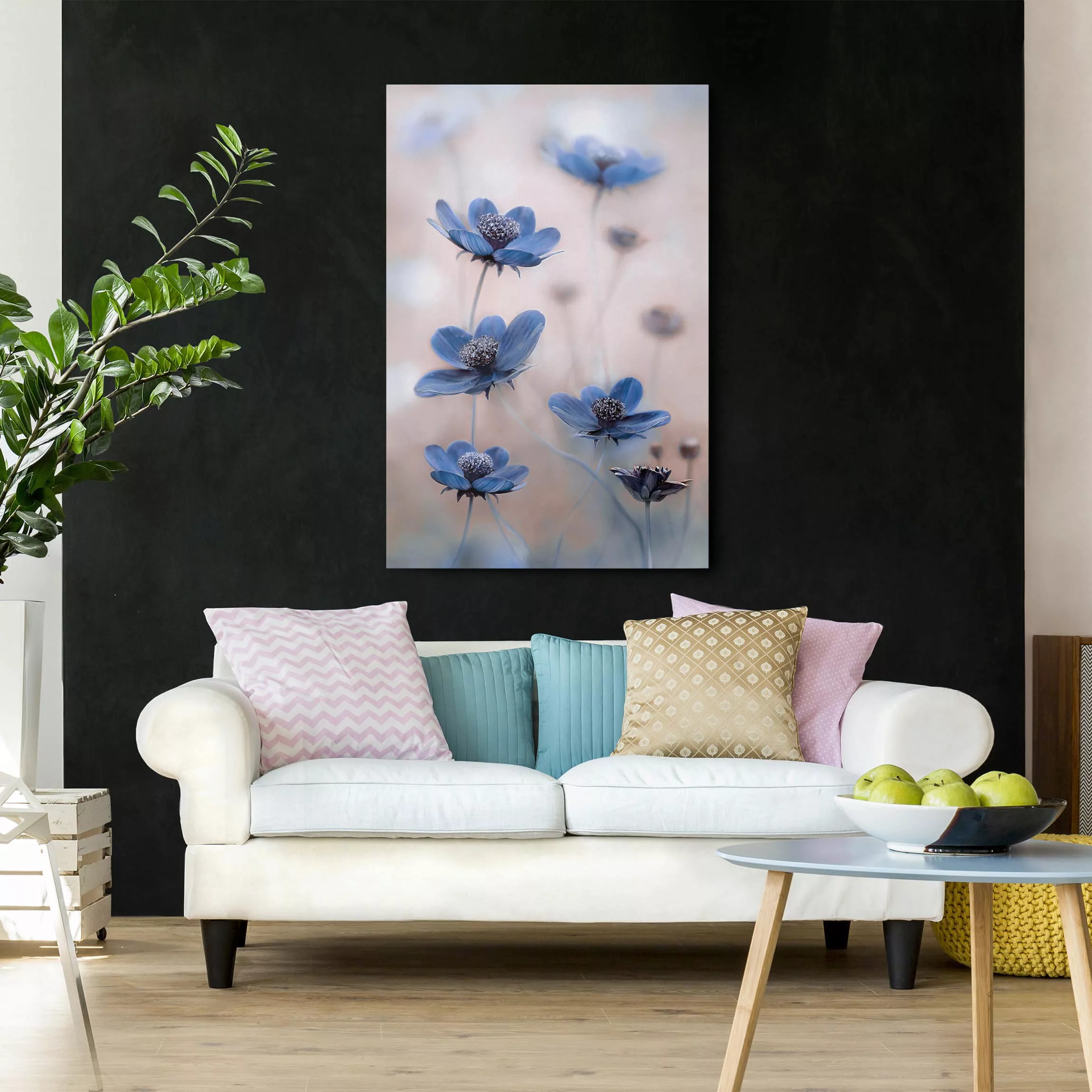 Leinwandbild Blumen - Hochformat Blaue Kosmeen günstig online kaufen