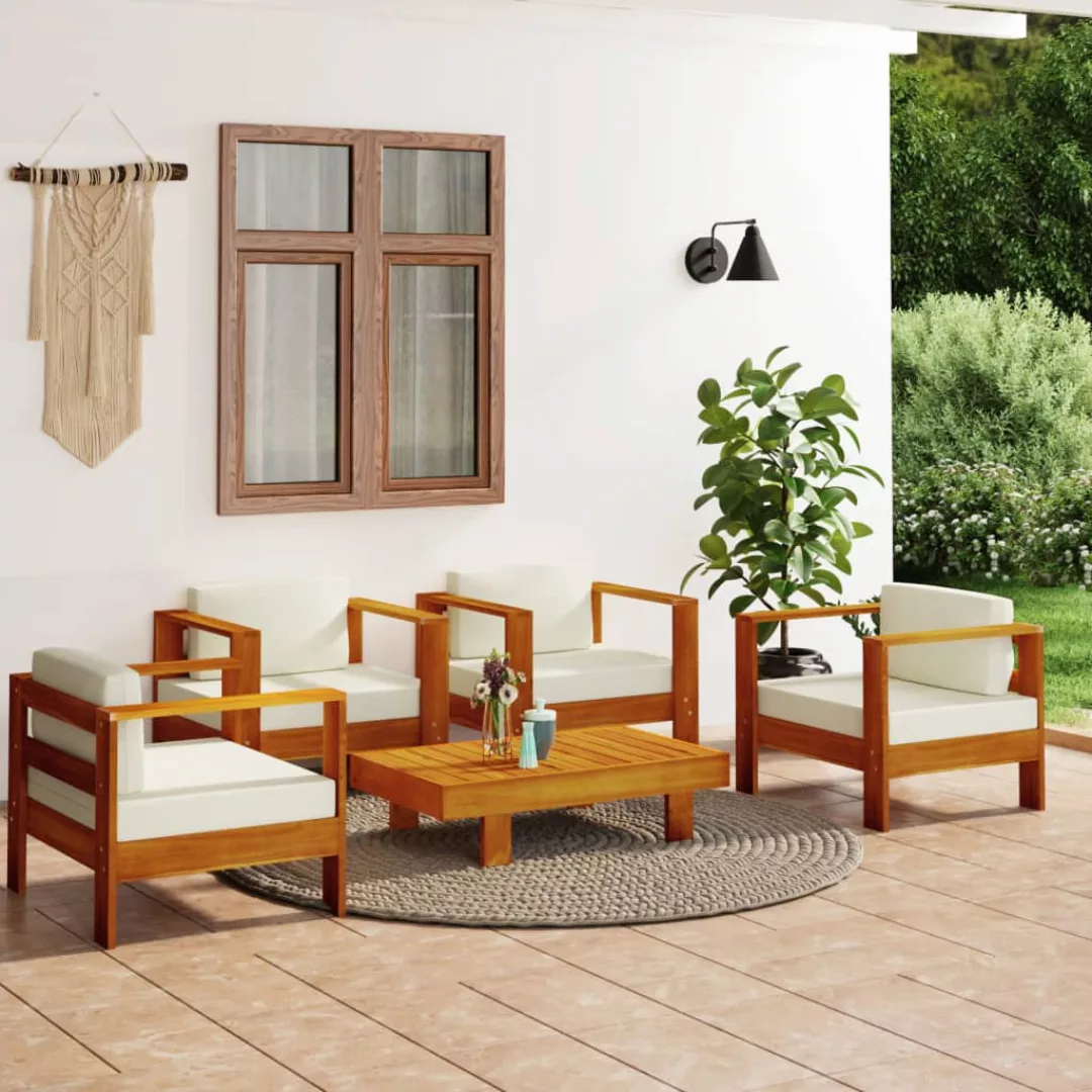 Vidaxl 5-tlg. Garten-lounge-set Mit Cremeweißen Kissen Massivholz günstig online kaufen